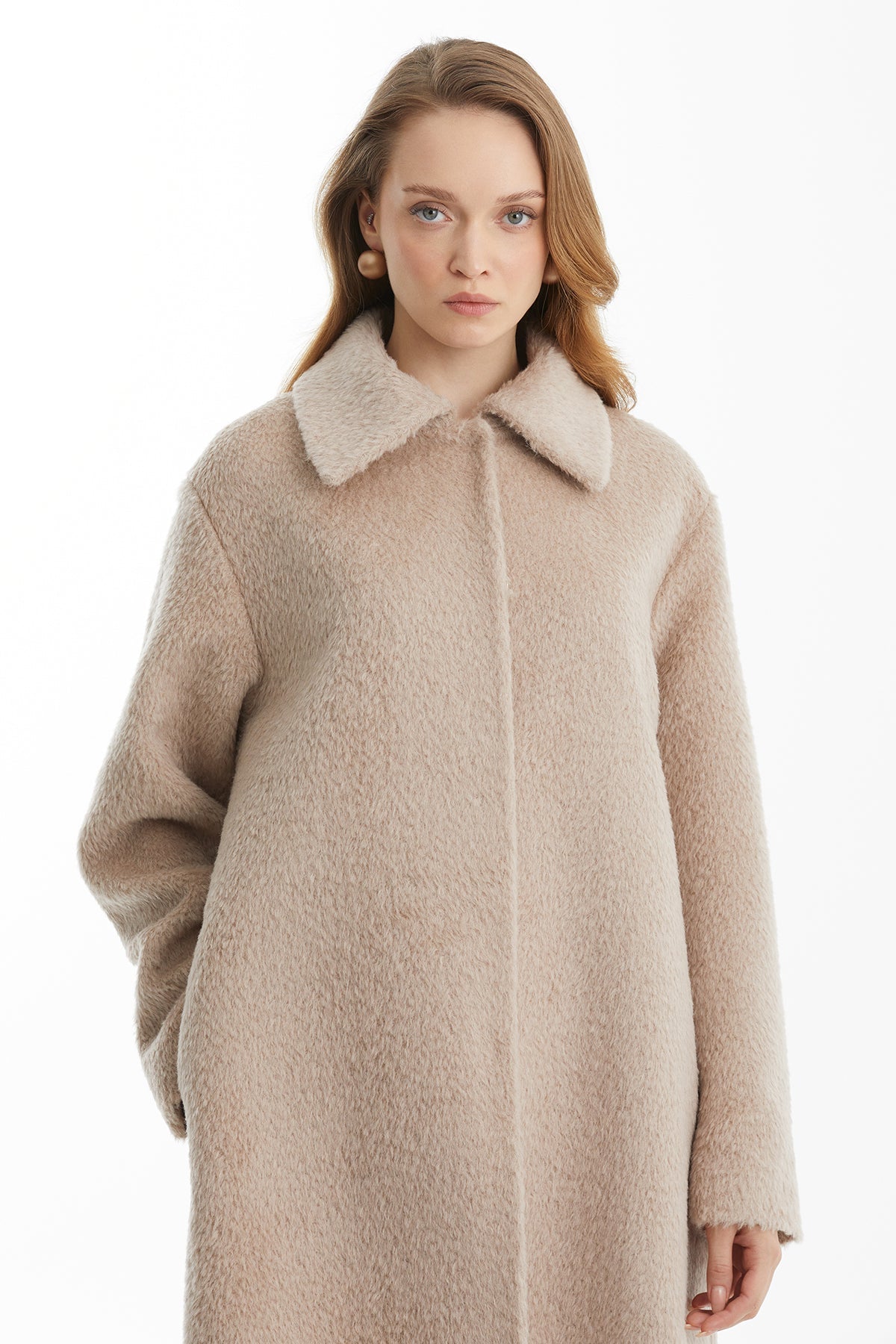 Beige 100% Cashmere Midi Coat with Slit Detail