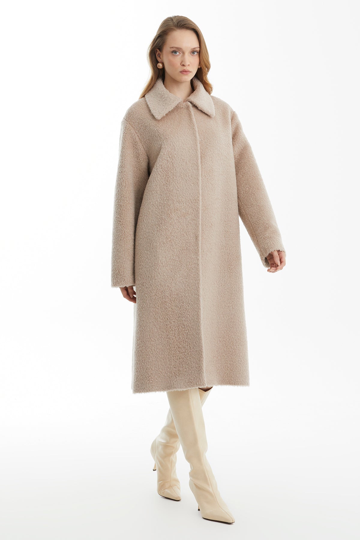 Beige 100% Cashmere Midi Coat with Slit Detail