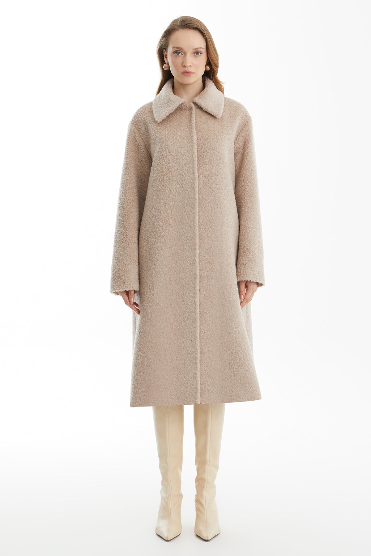 Beige 100% Cashmere Midi Coat with Slit Detail
