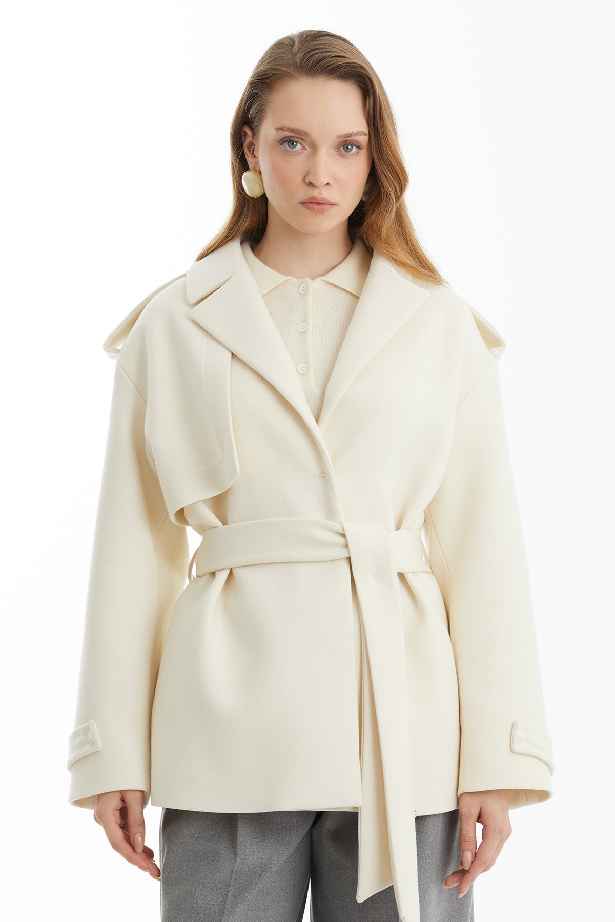 Ecru Wool Coat with Detachable Belt and Epaulettes