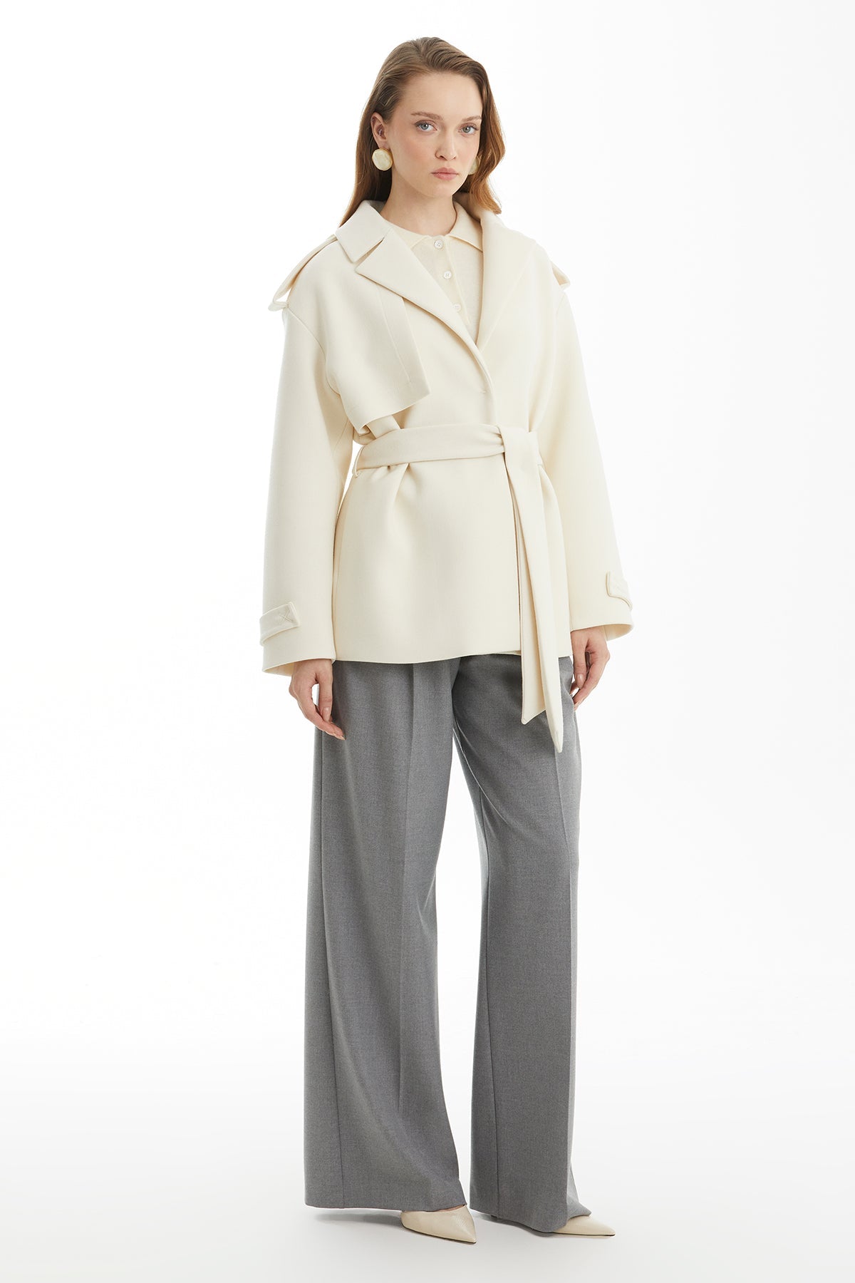 Ecru Wool Coat with Detachable Belt and Epaulettes