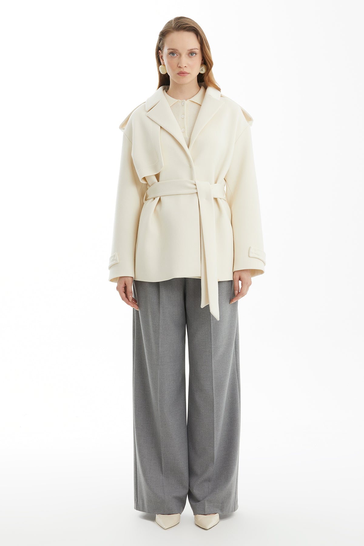 Ecru Wool Coat with Detachable Belt and Epaulettes