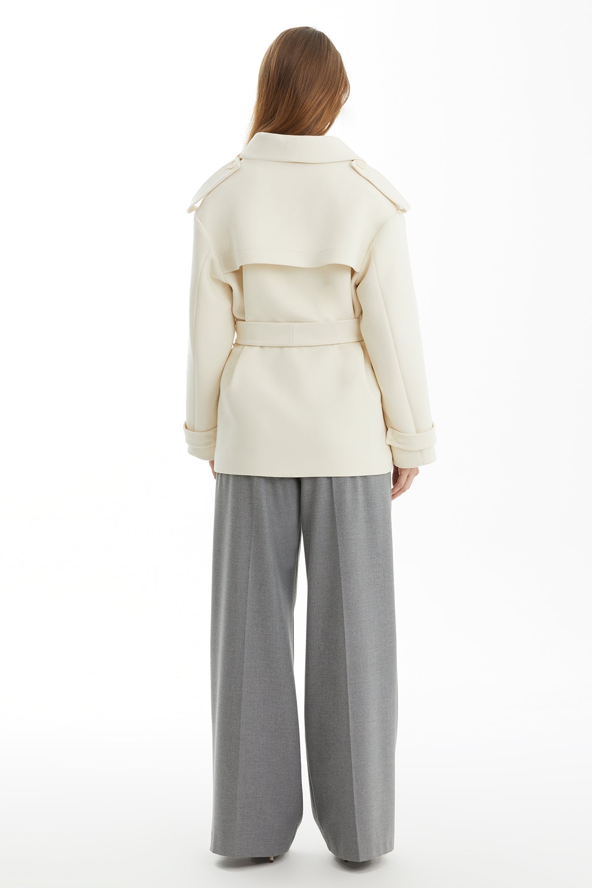 Ecru Wool Coat with Detachable Belt and Epaulettes