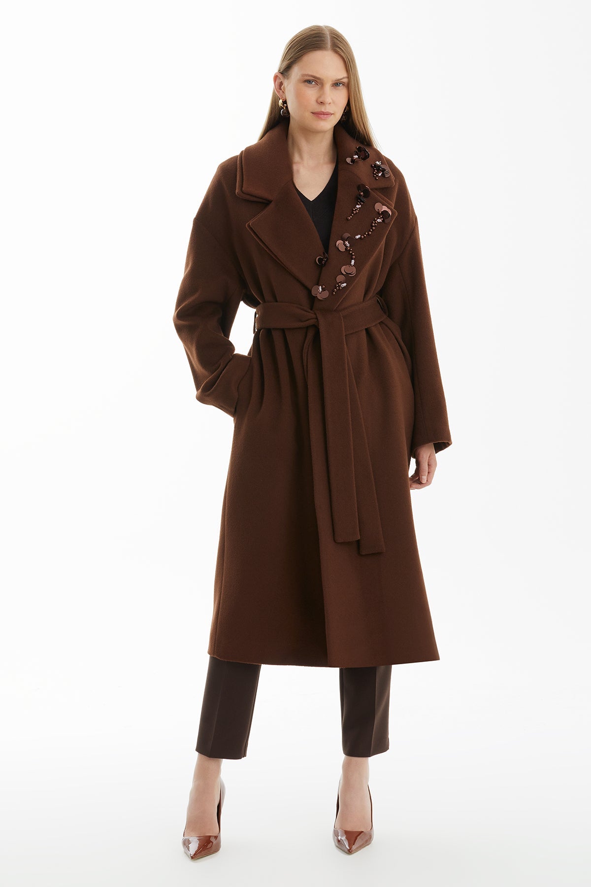 Brown 100% Cashmere Belted Coat with Embroidered Collar