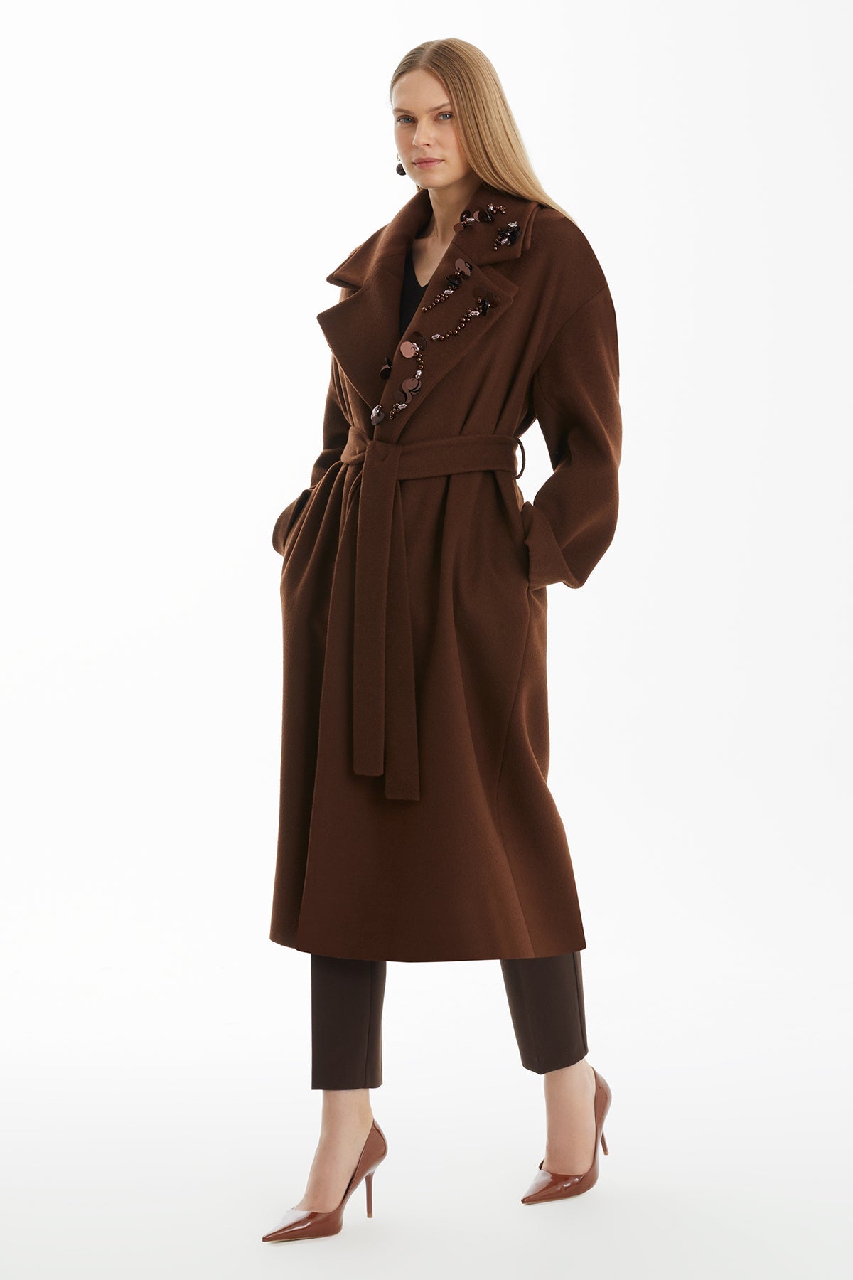 Brown 100% Cashmere Belted Coat with Embroidered Collar
