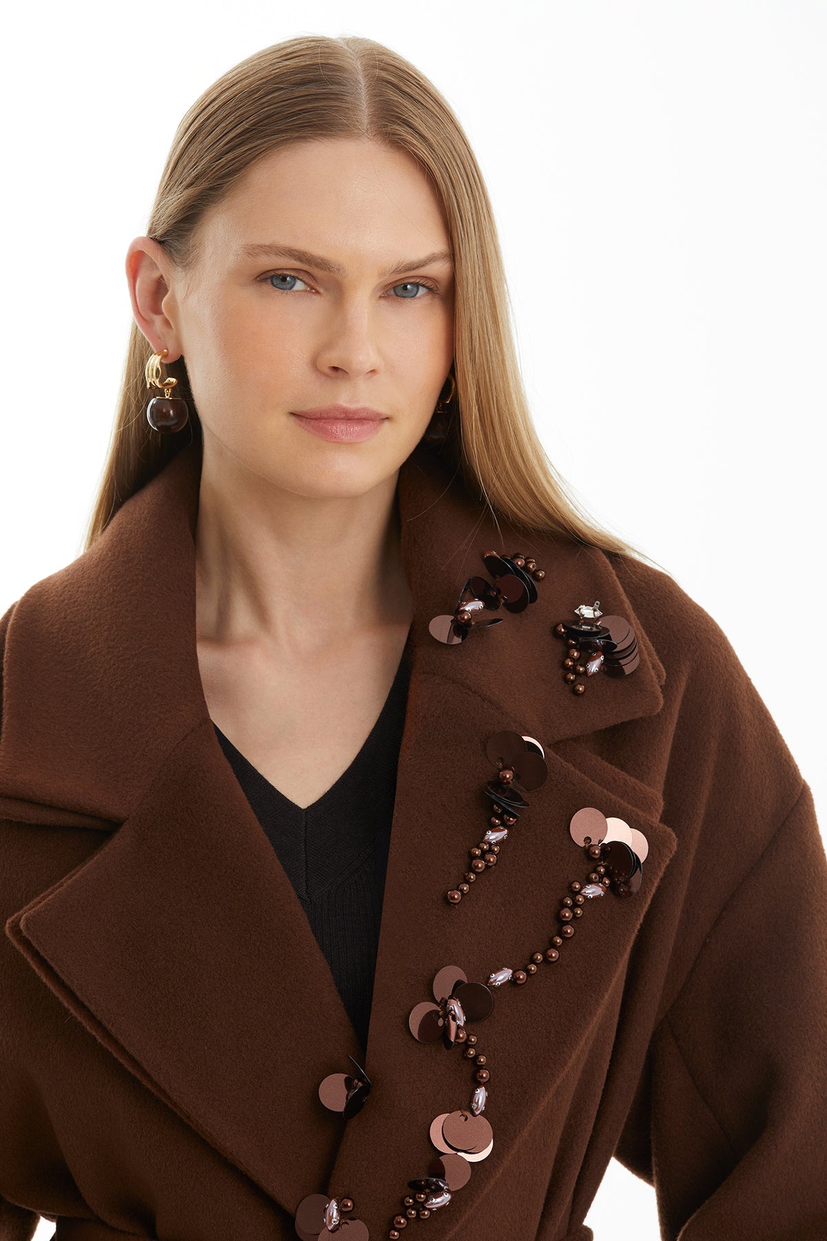 Brown 100% Cashmere Belted Coat with Embroidered Collar