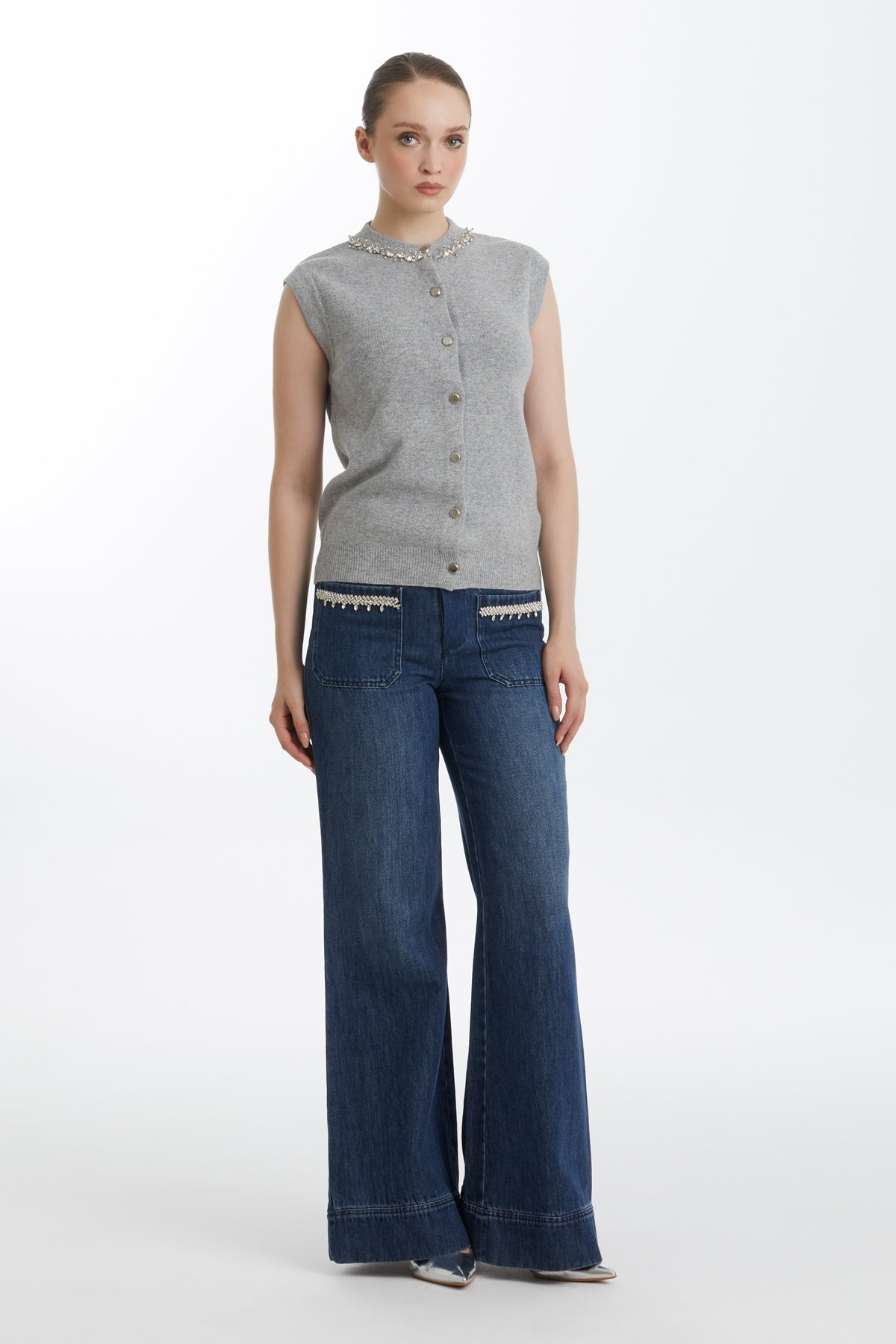 Embroidered Sleeveless Wool-Blend Knit Top