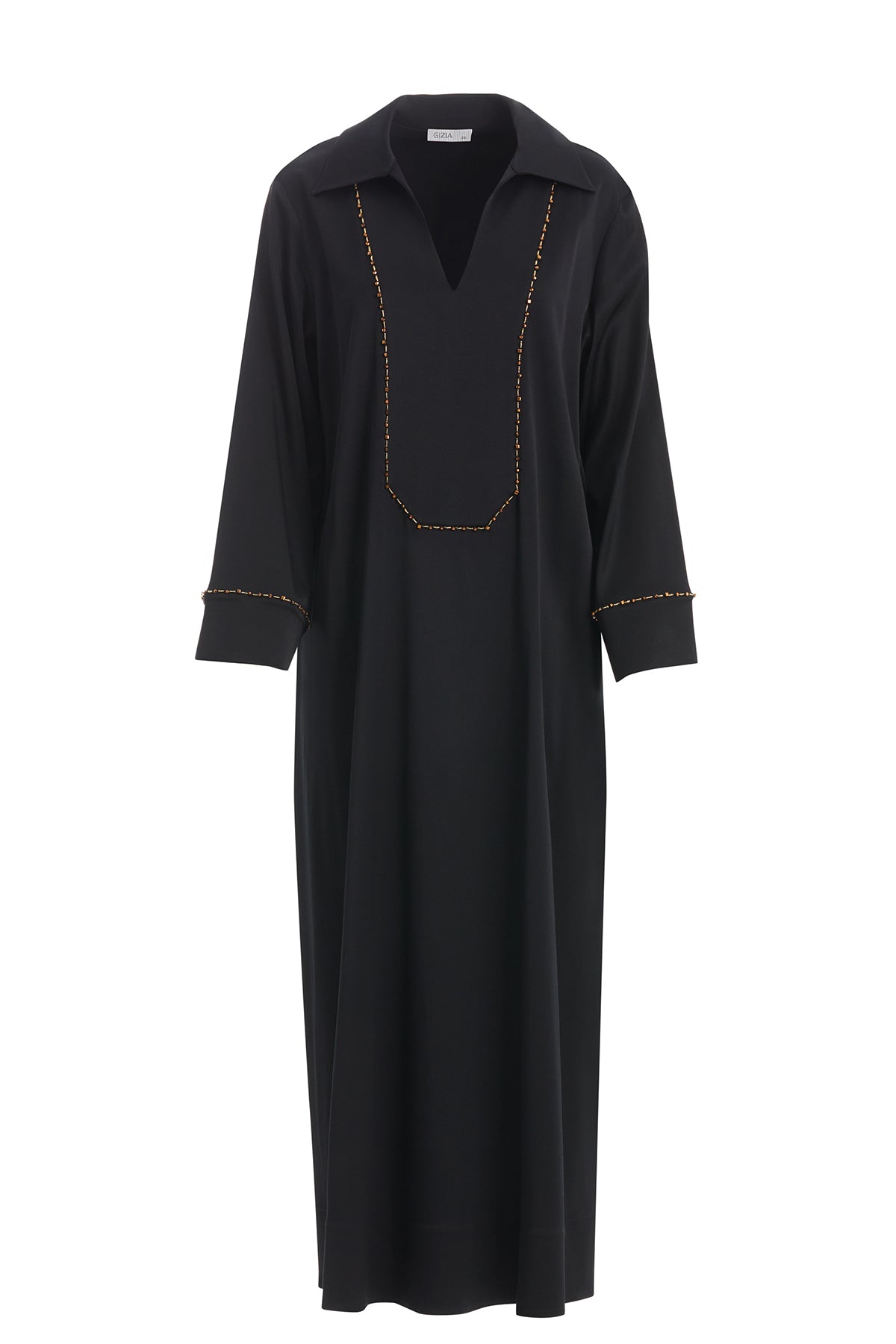 Black Shirt Collar Dress with Embroidery Detail