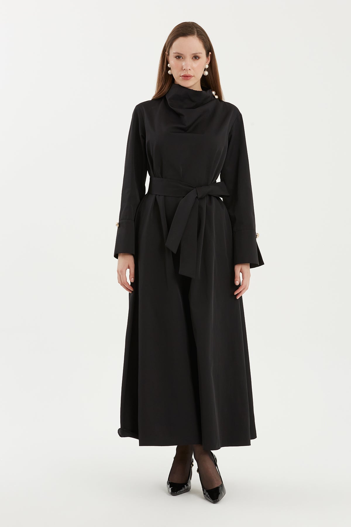 Black Stand Collar Dress with Detachable Belt