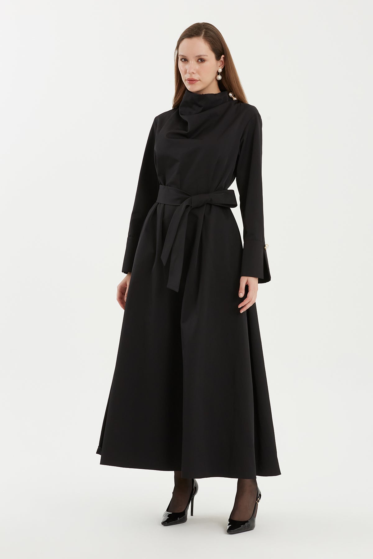 Black Stand Collar Dress with Detachable Belt