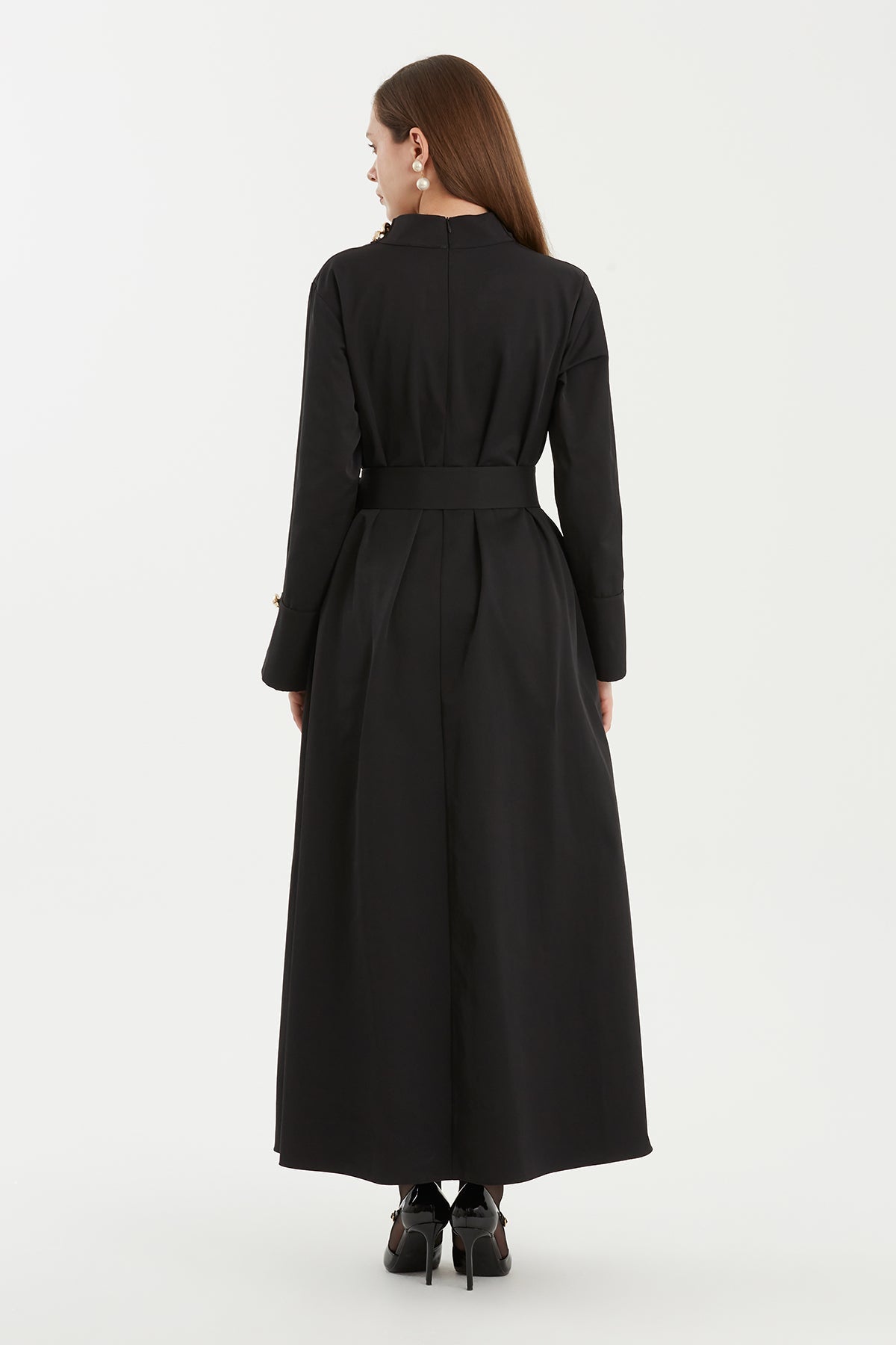 Black Stand Collar Dress with Detachable Belt