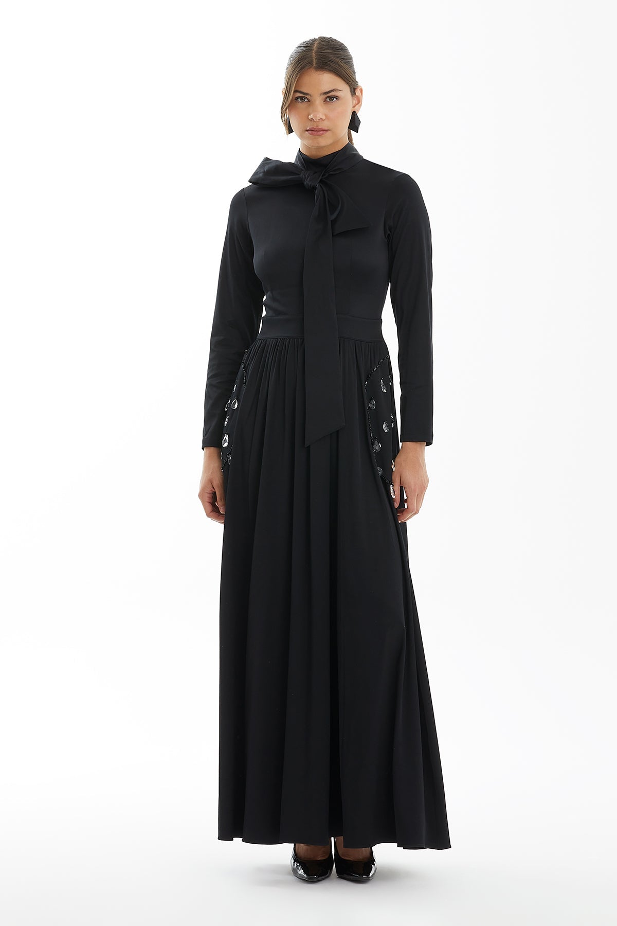 Black Drawstring Waist Dress with Embroidered Pocket Detail