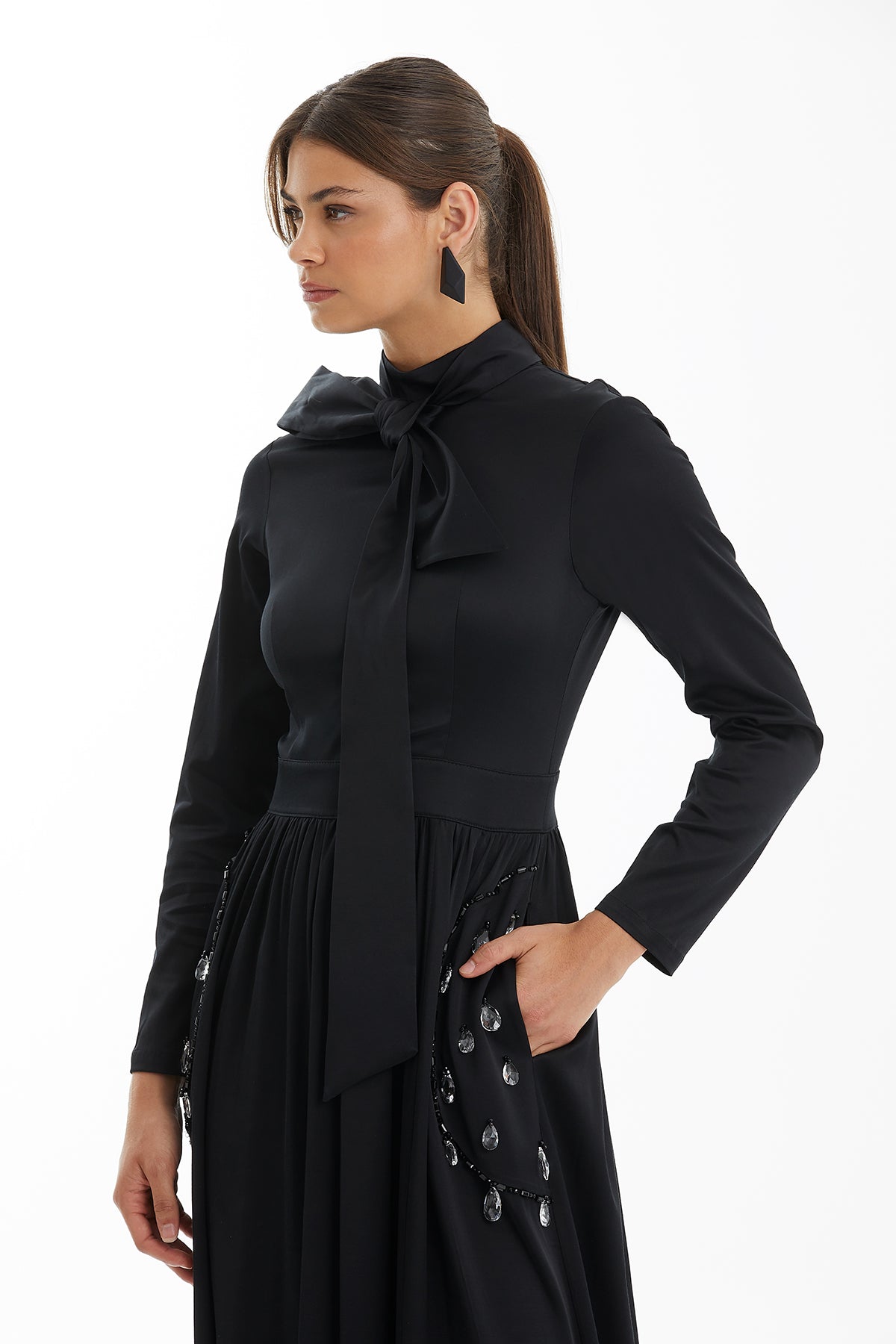 Black Drawstring Waist Dress with Embroidered Pocket Detail