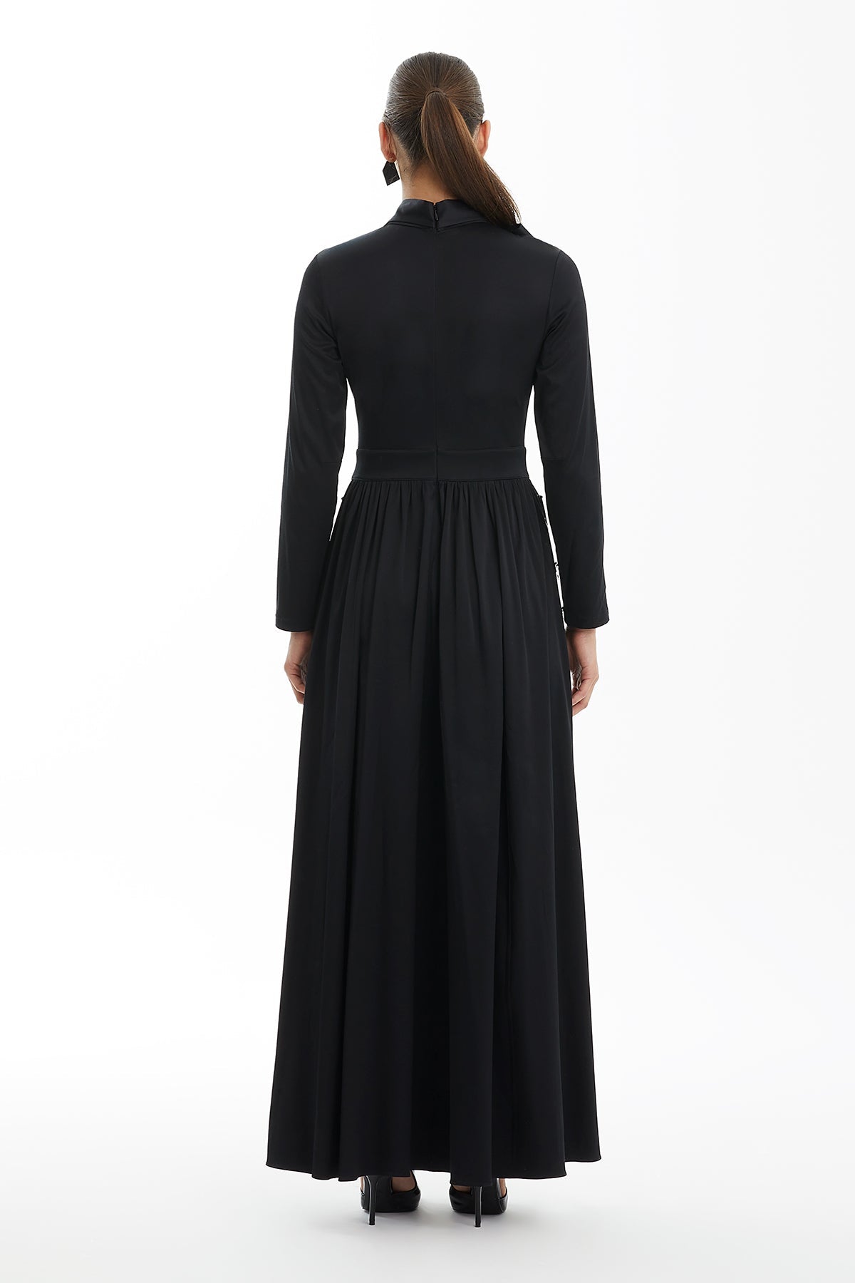 Black Drawstring Waist Dress with Embroidered Pocket Detail