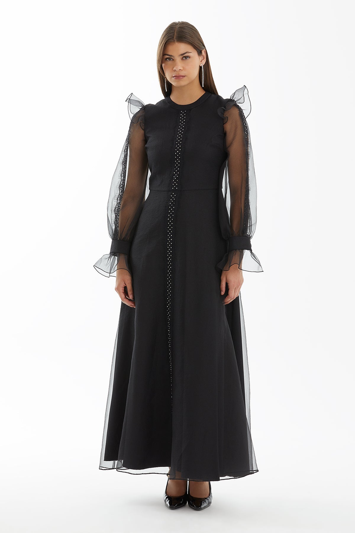 Black Maxi Dress with Crystal Sleeves and Lace Detail