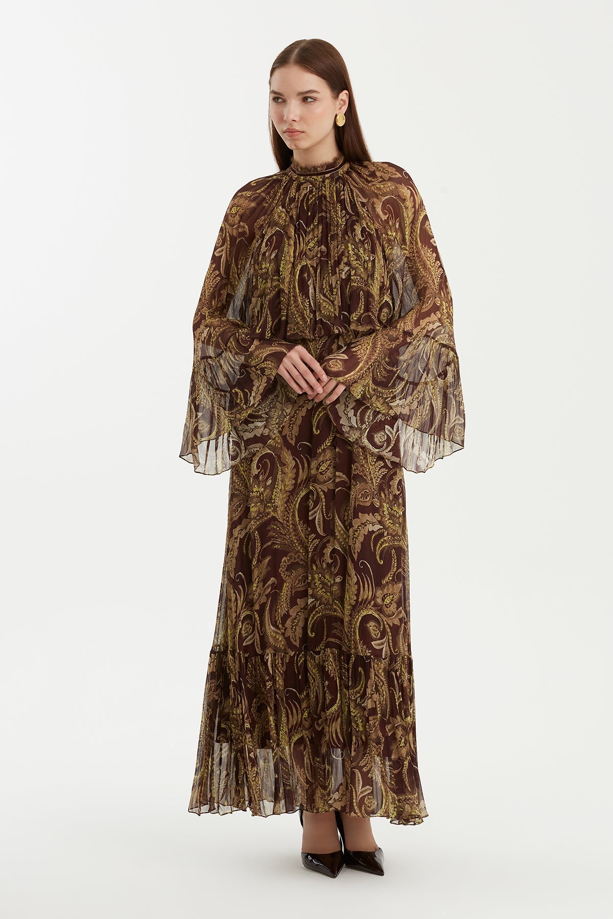 Patterned Dress with Velvet Trim Detail