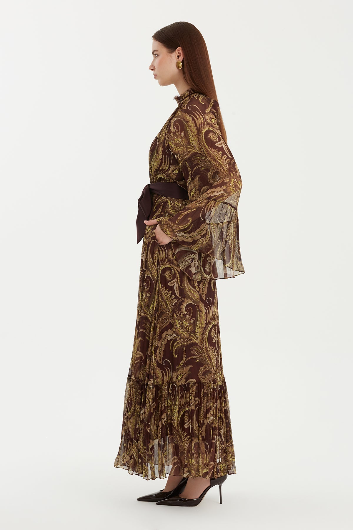 Patterned Dress with Velvet Trim Detail