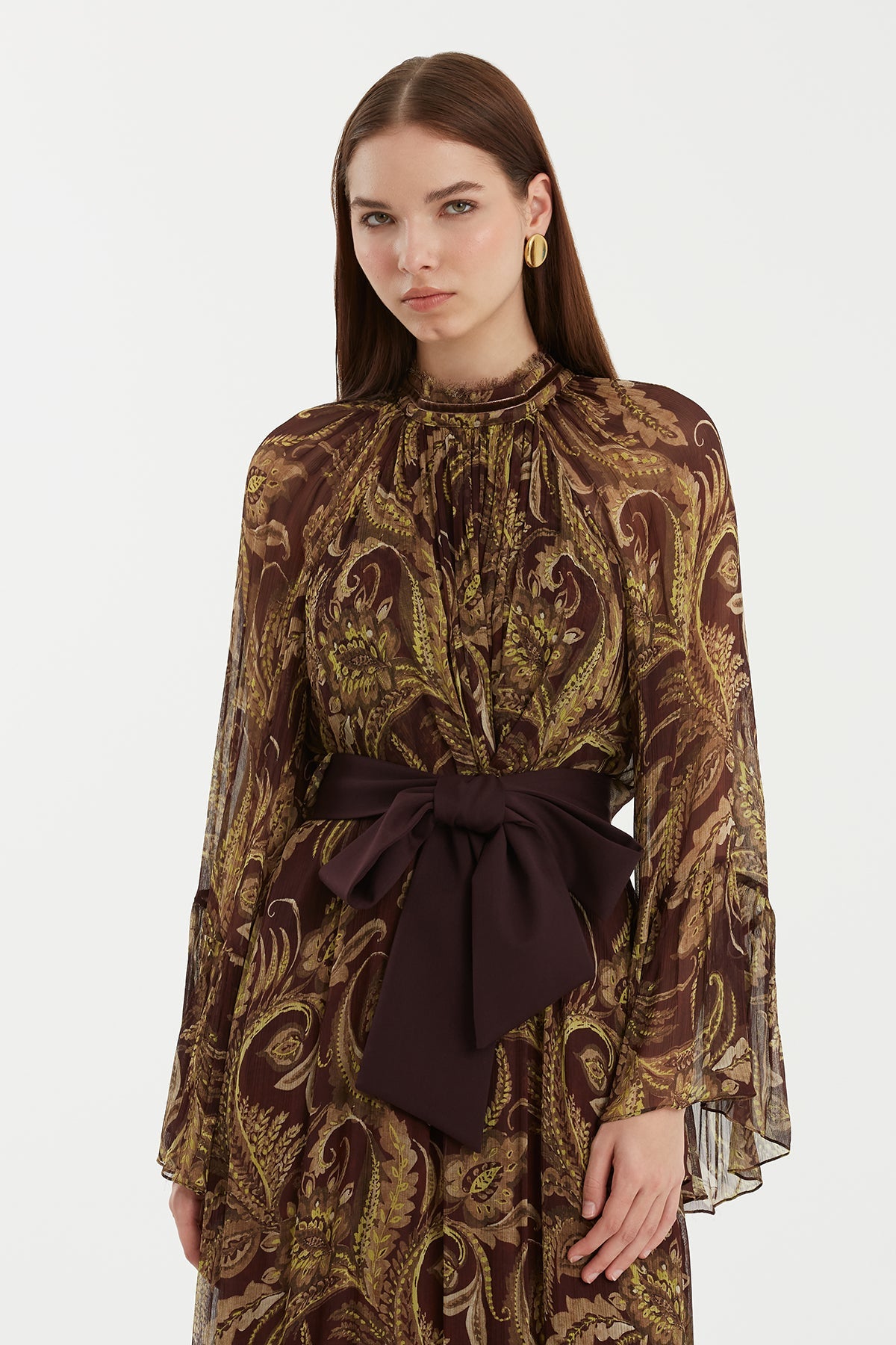 Patterned Dress with Velvet Trim Detail
