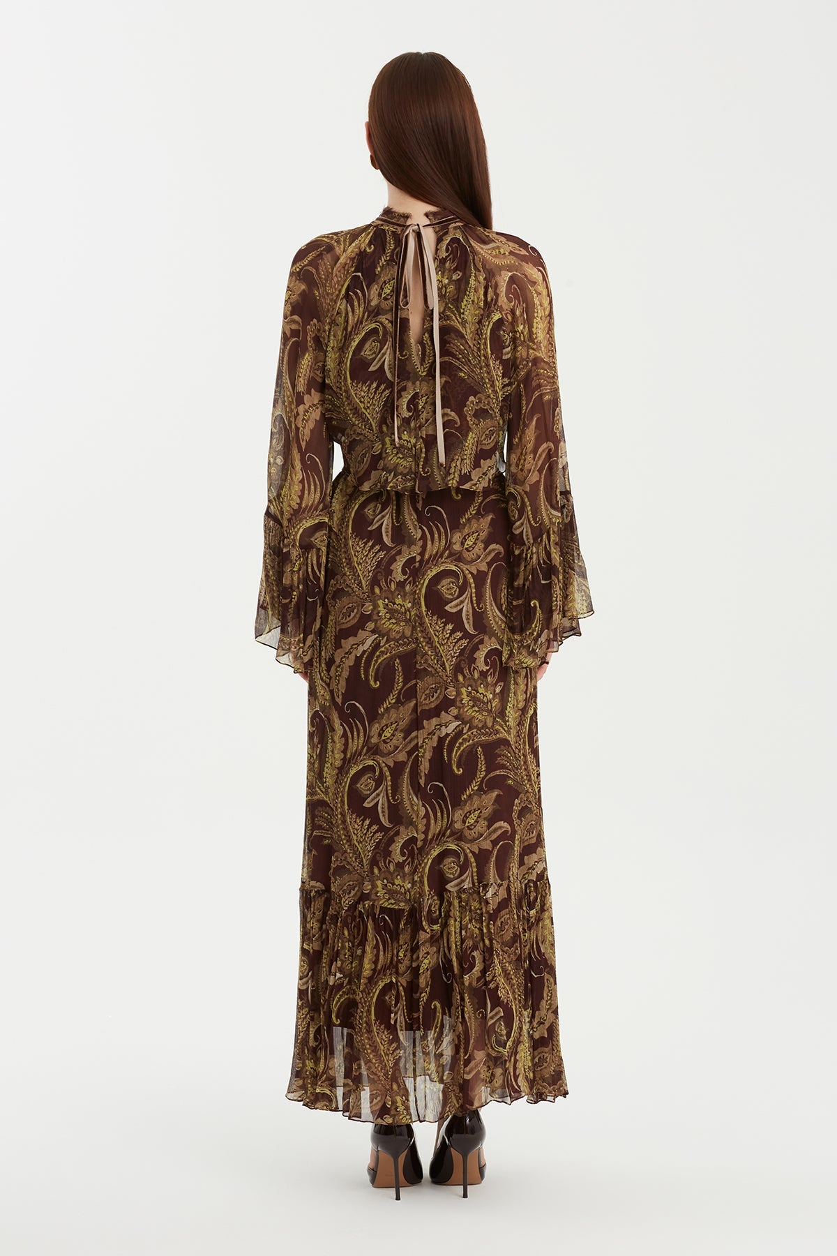 Patterned Dress with Velvet Trim Detail