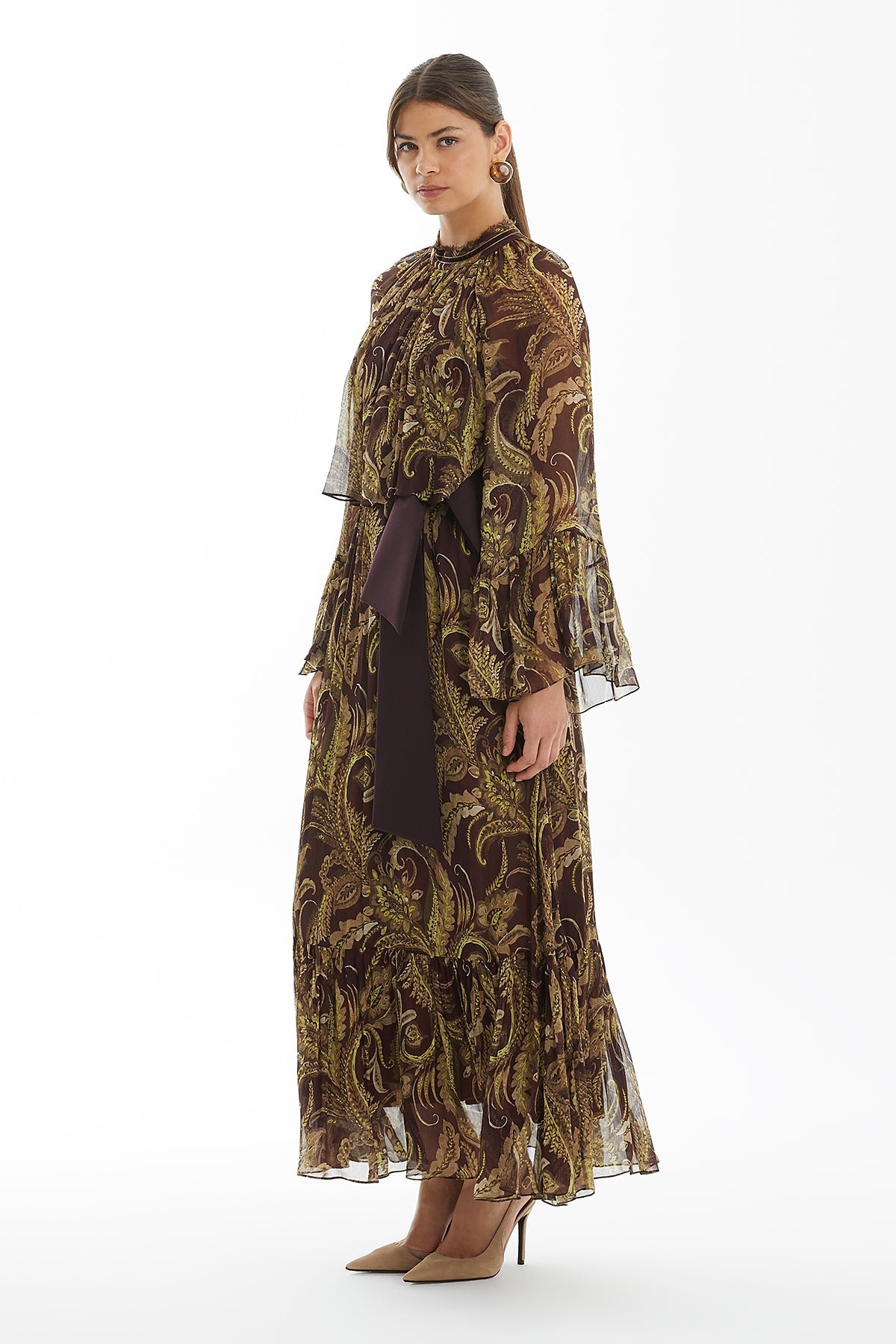 Patterned Dress with Velvet Trim Detail