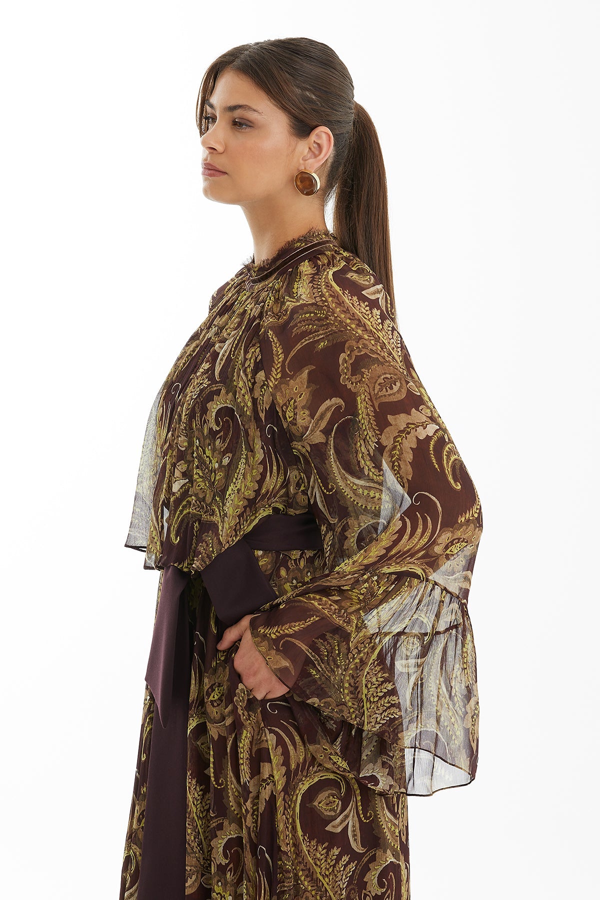Patterned Dress with Velvet Trim Detail