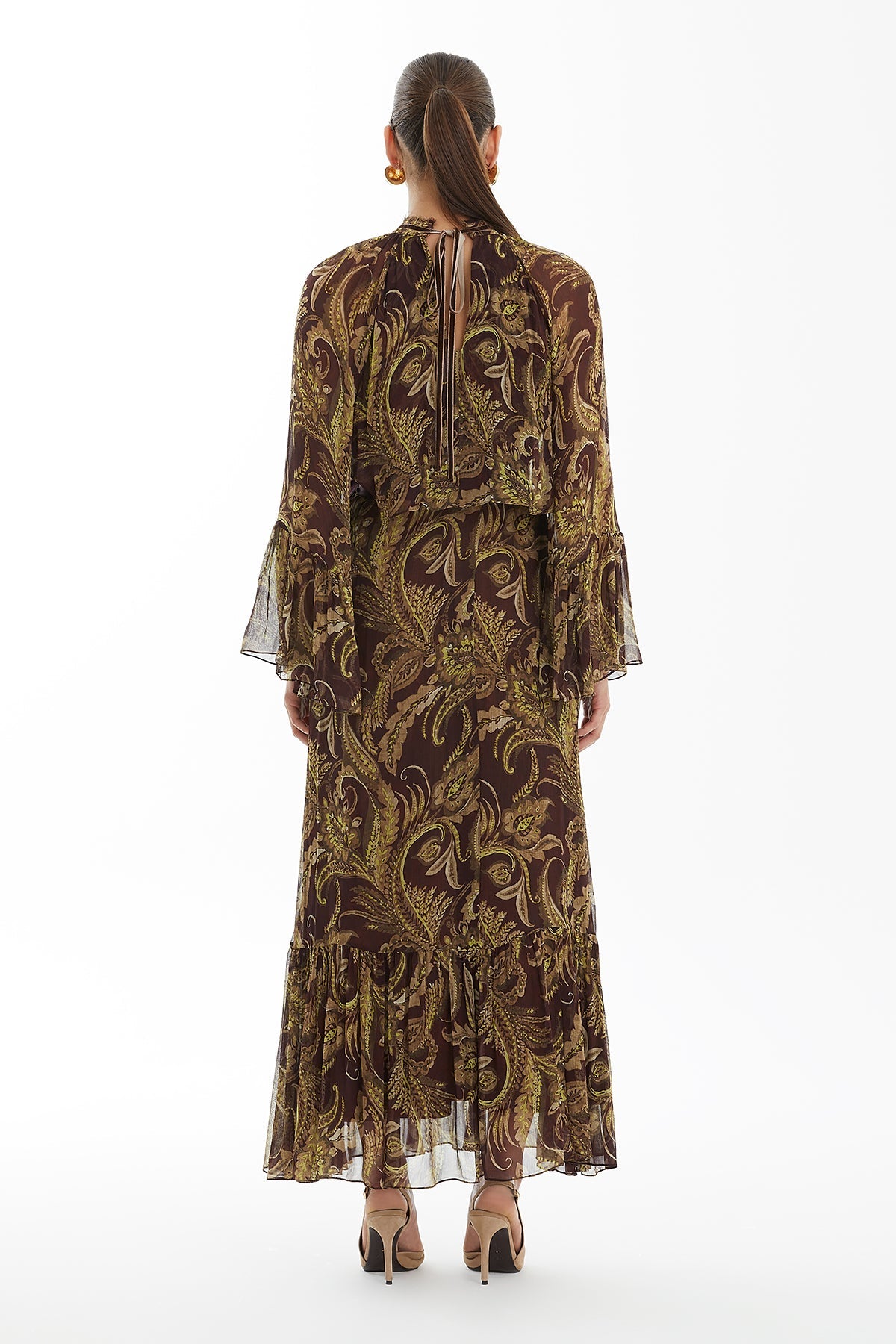 Patterned Dress with Velvet Trim Detail