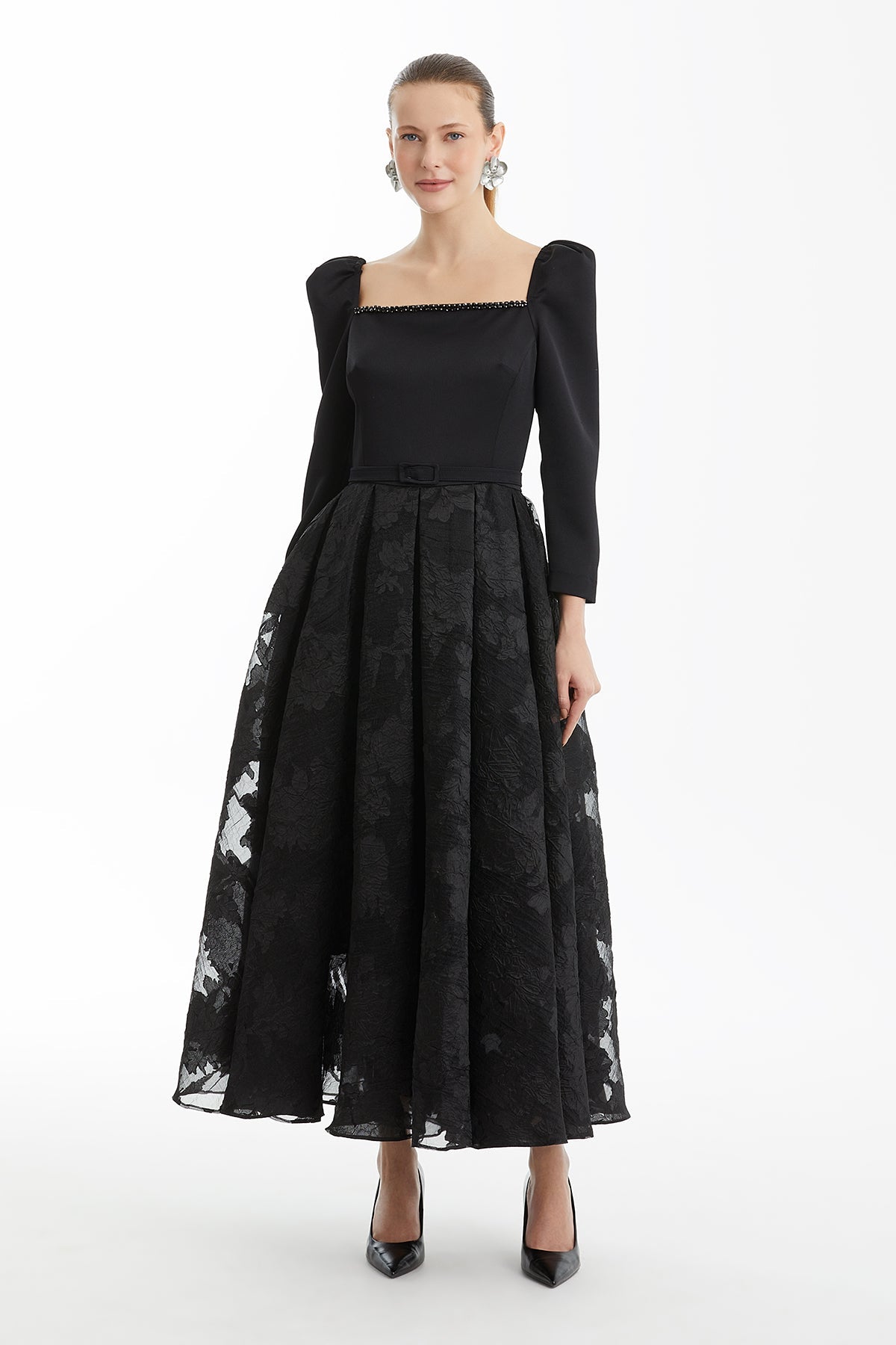 Black Flared Dress with Belt Detail