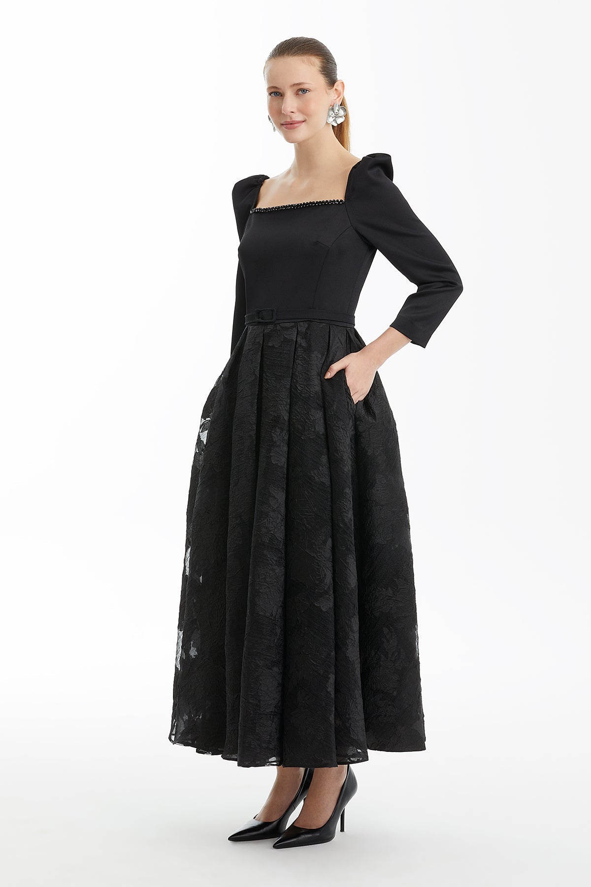 Black Flared Dress with Belt Detail