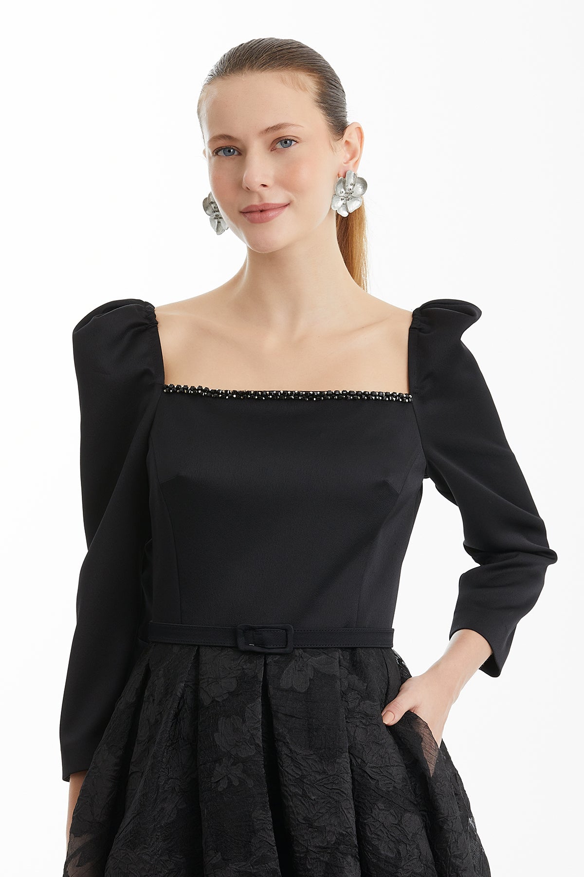 Black Flared Dress with Belt Detail