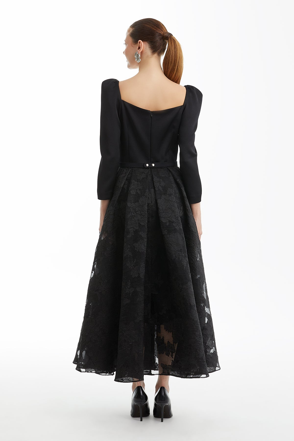 Black Flared Dress with Belt Detail