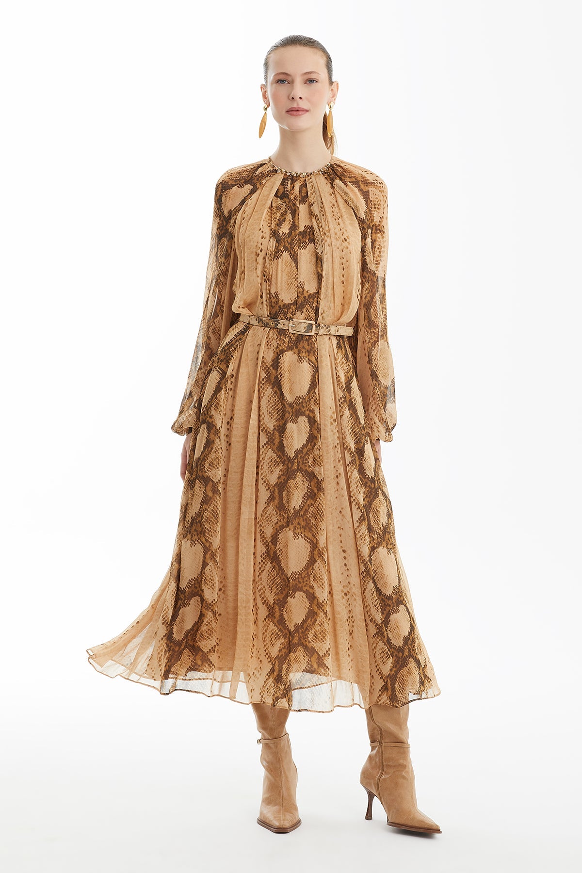 Long Patterned Dress with Belt Detail
