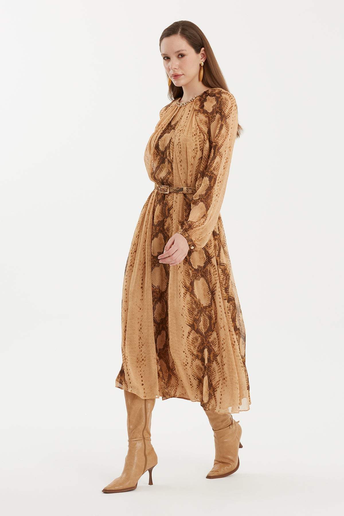 Long Patterned Dress with Belt Detail