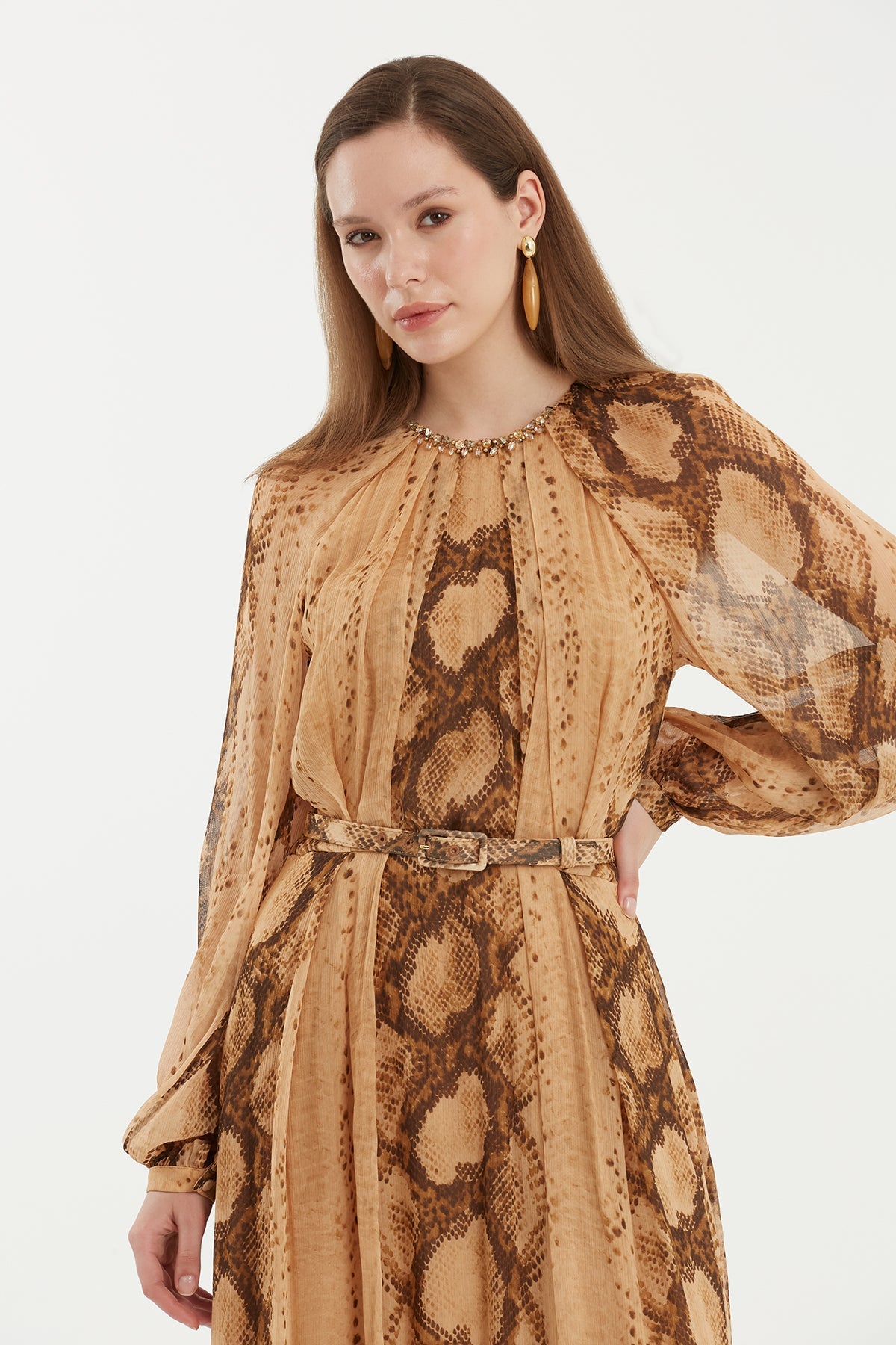 Long Patterned Dress with Belt Detail