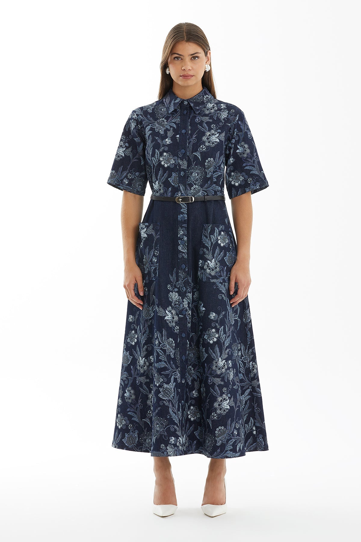 Belted Long Denim Dress with Pattern Detail