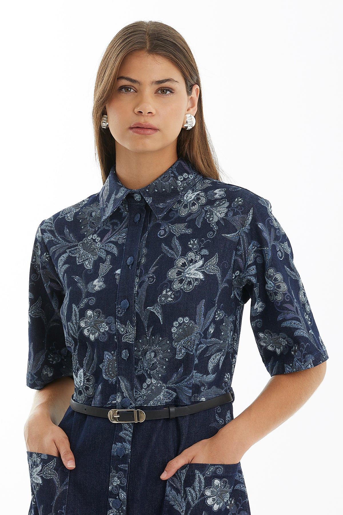 Belted Long Denim Dress with Pattern Detail