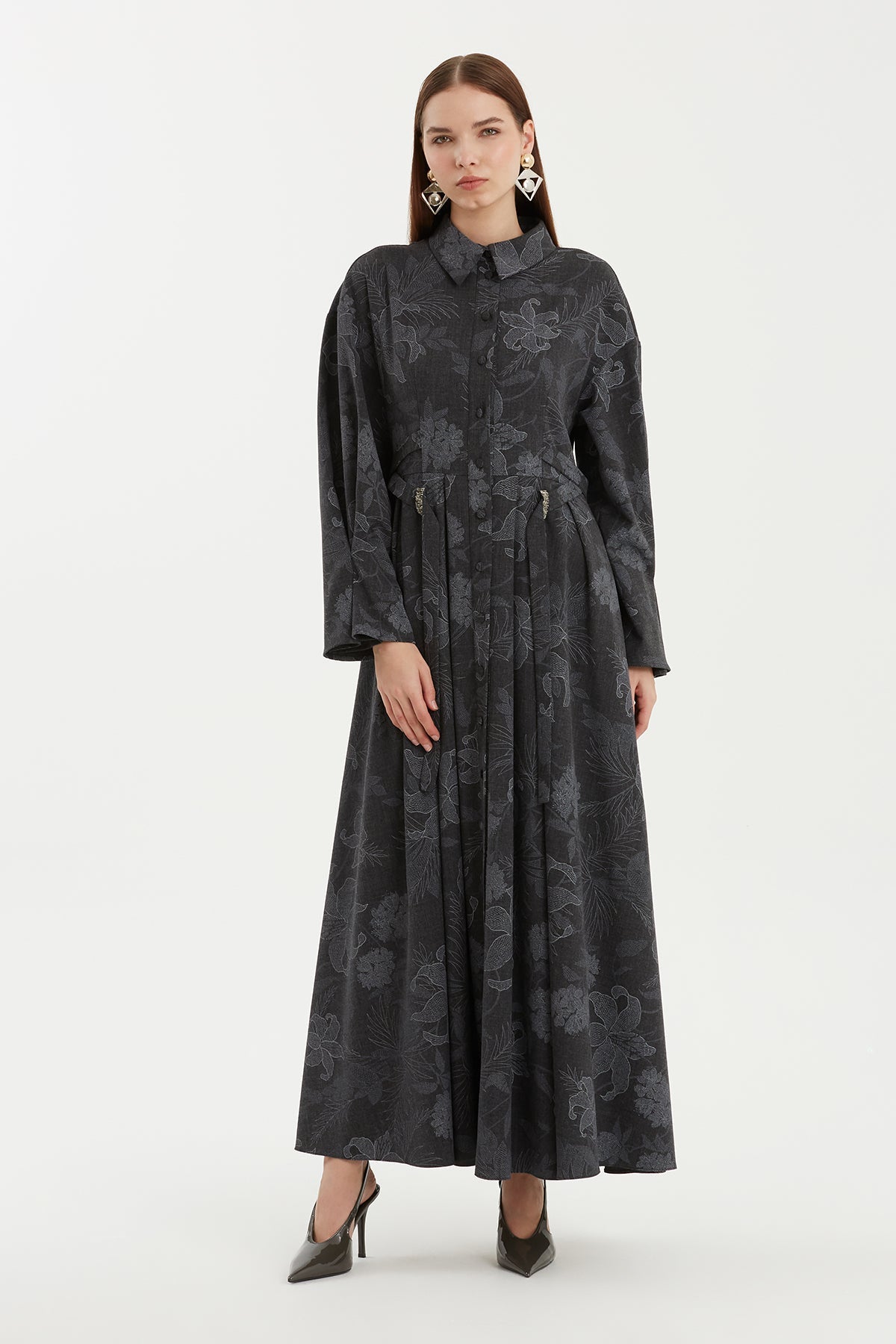 Grey Pleated Patterned Dress with Embroidery Detail