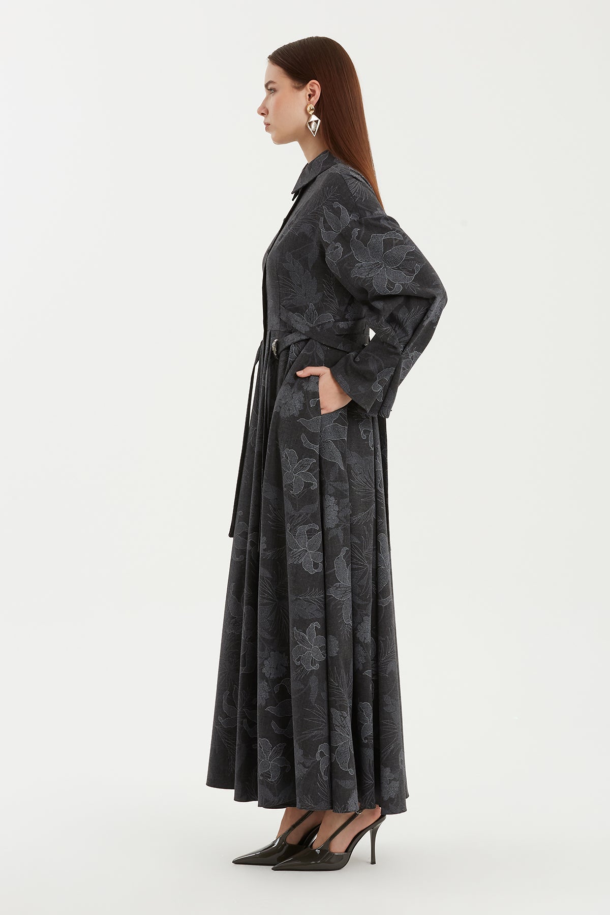Grey Pleated Patterned Dress with Embroidery Detail