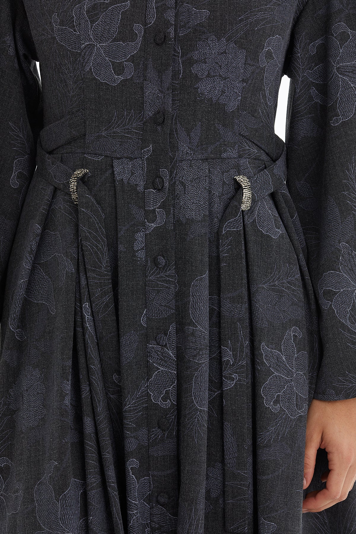 Grey Pleated Patterned Dress with Embroidery Detail