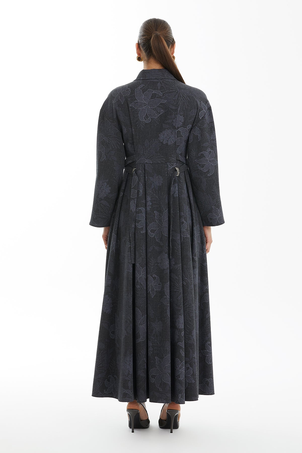 Grey Pleated Patterned Dress with Embroidery Detail