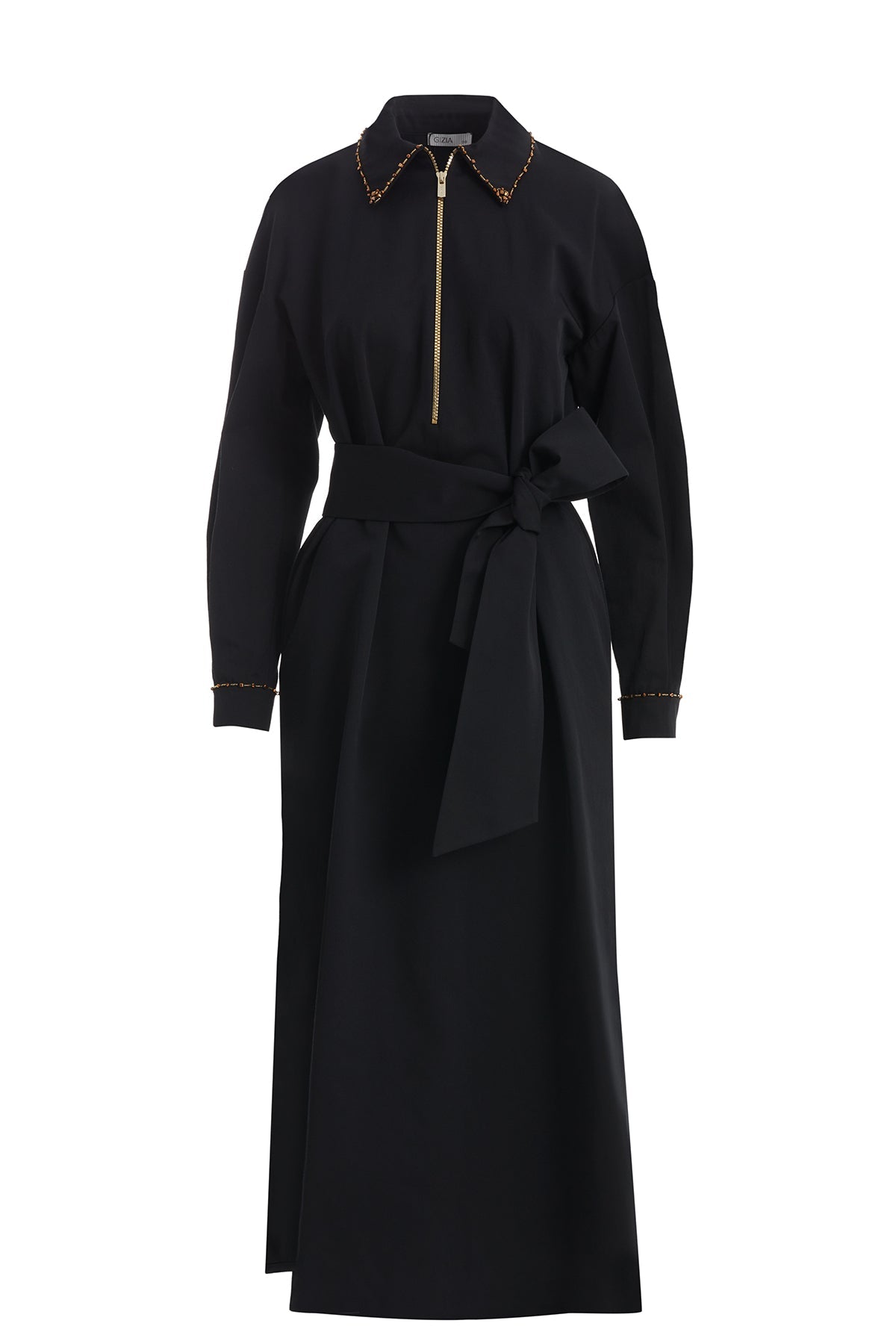 Black Belted Dress with Embroidery Detail
