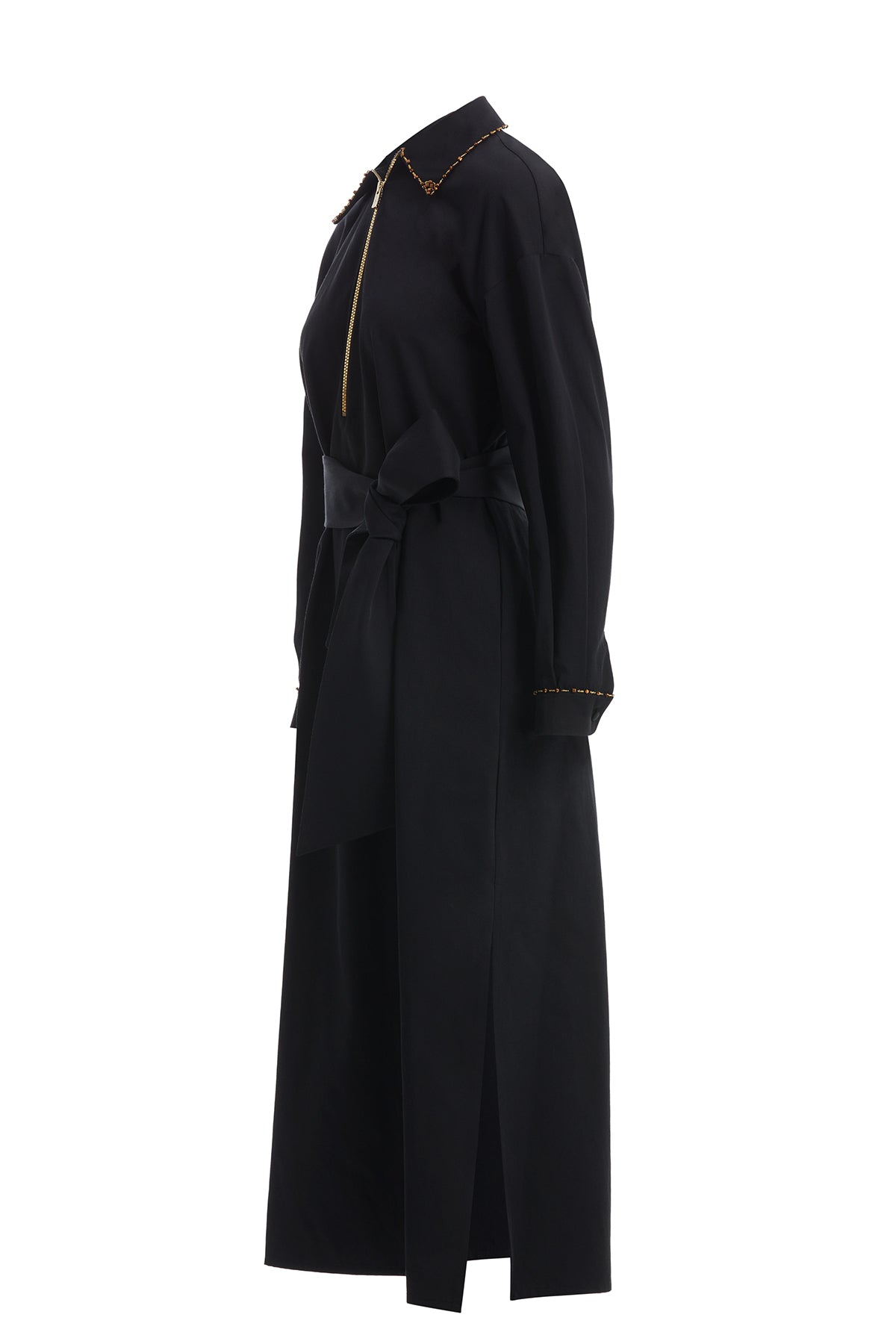 Black Belted Dress with Embroidery Detail