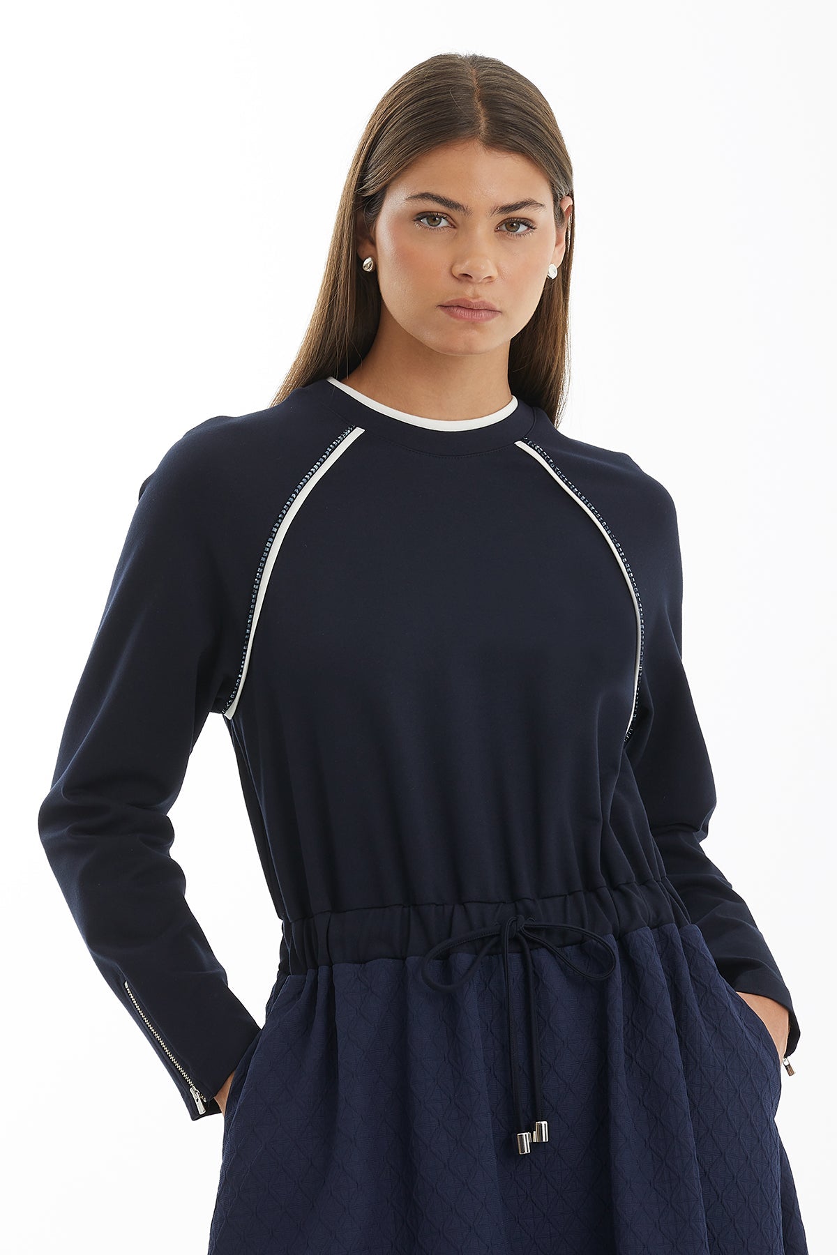 Dark Navy Dress with Contrast Piping Detail
