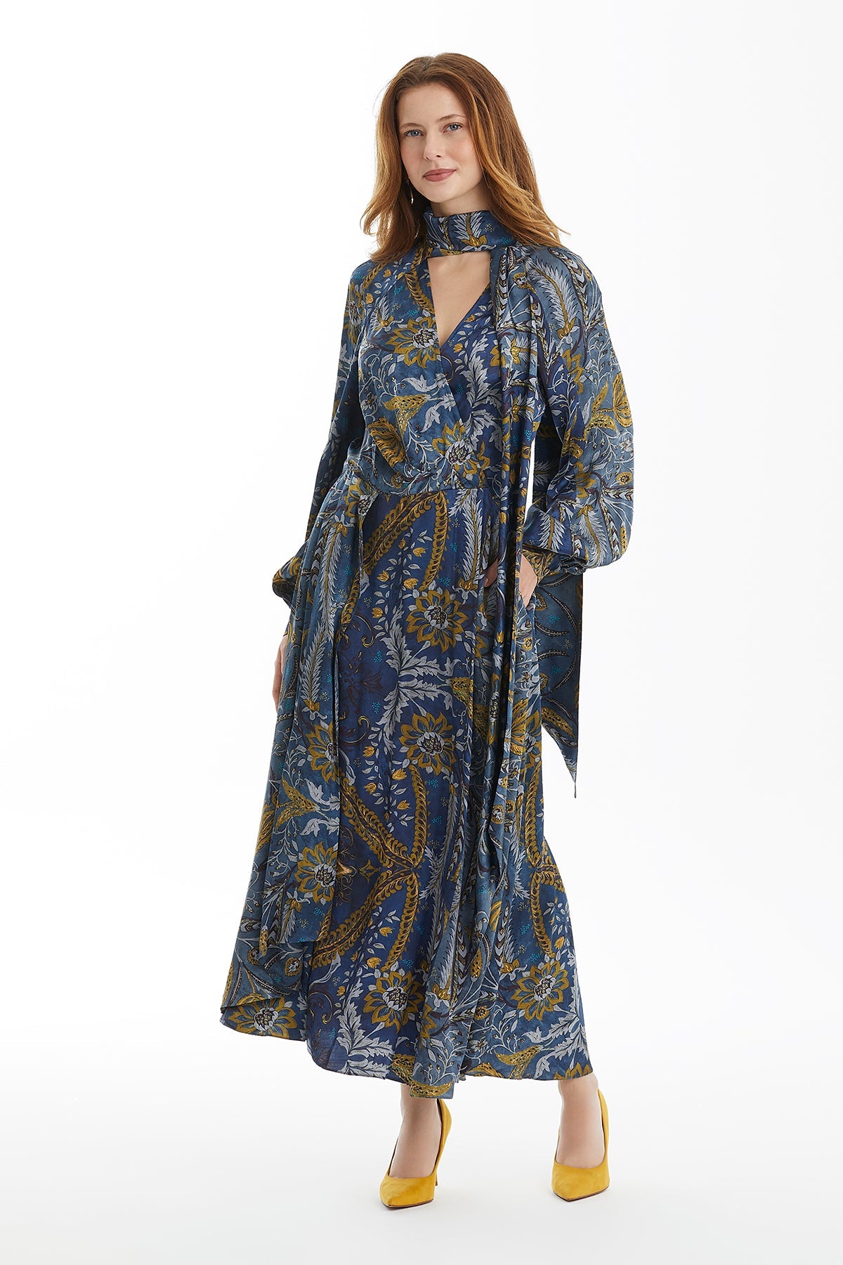Patterned Dress with Scarf Collar