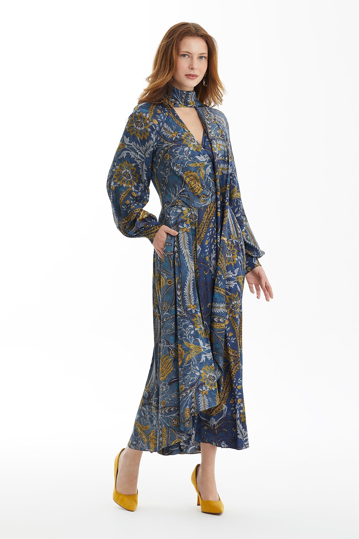 Patterned Dress with Scarf Collar