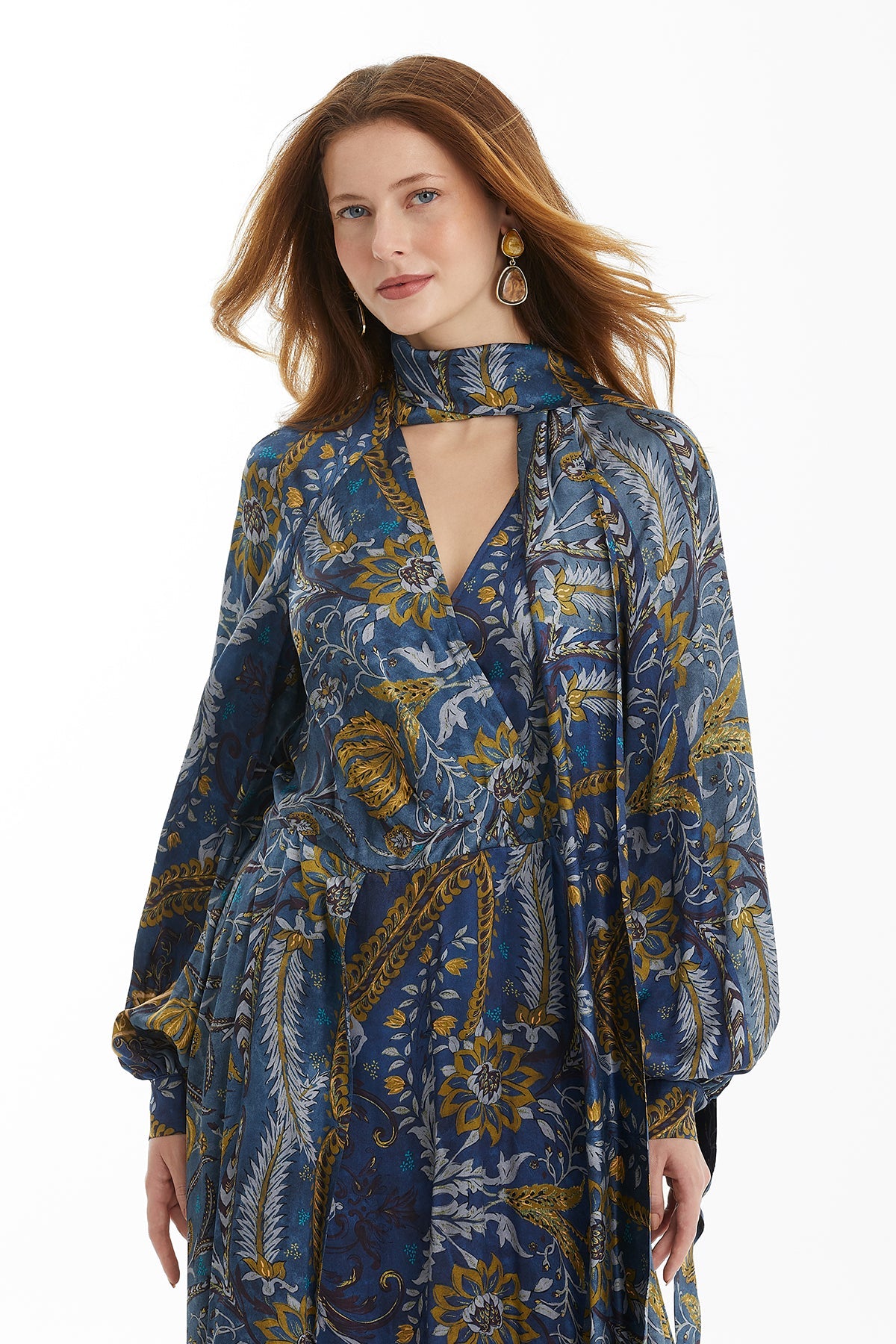 Patterned Dress with Scarf Collar
