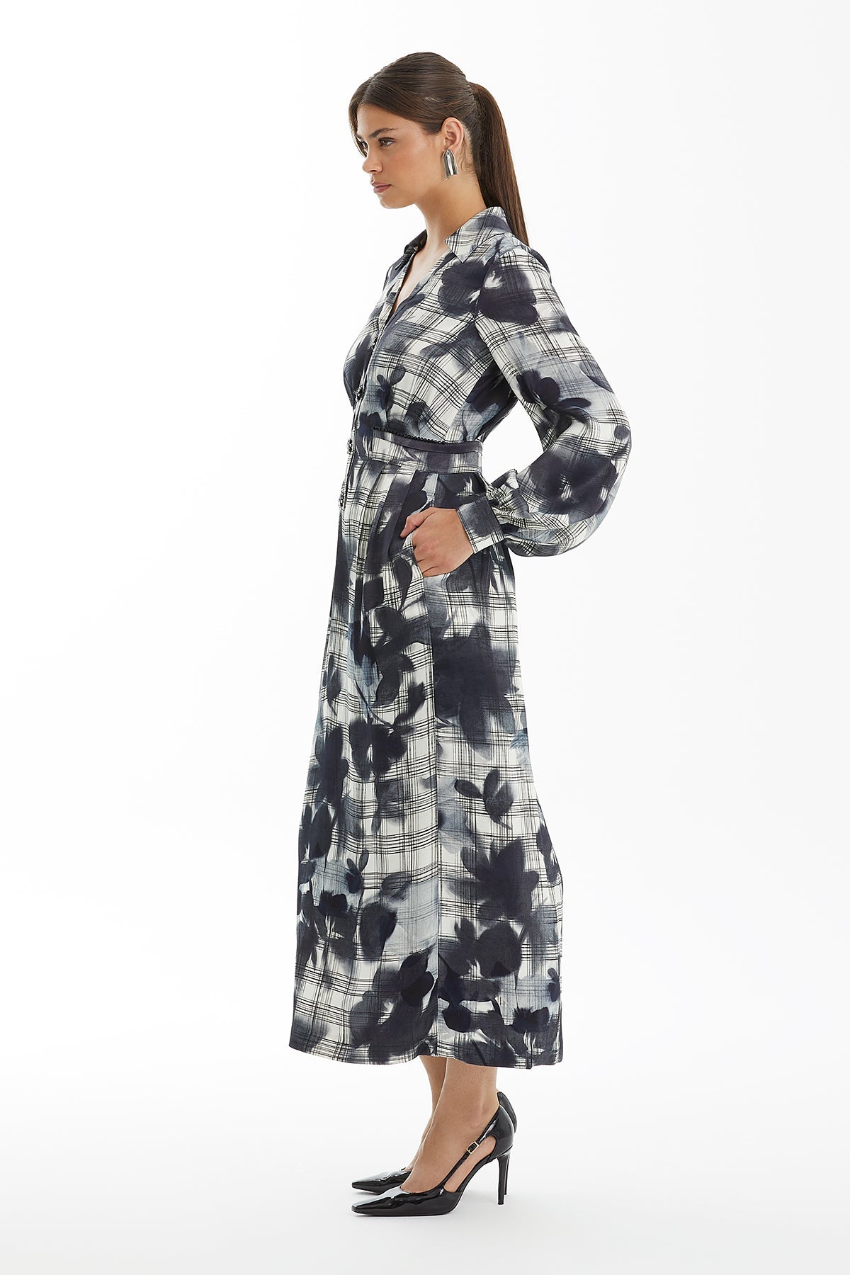 Floral Check Pattern Shirt Dress