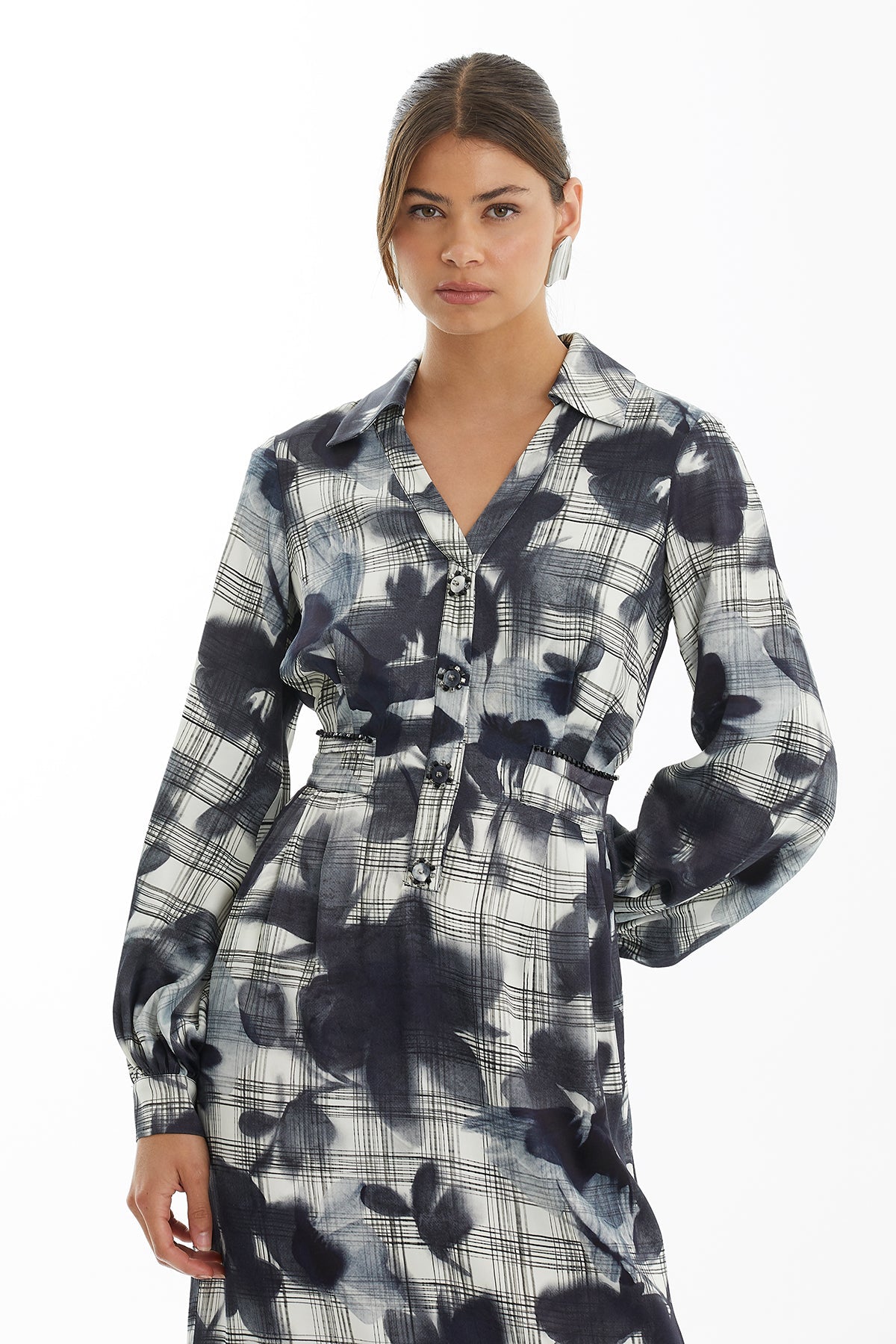 Floral Check Pattern Shirt Dress