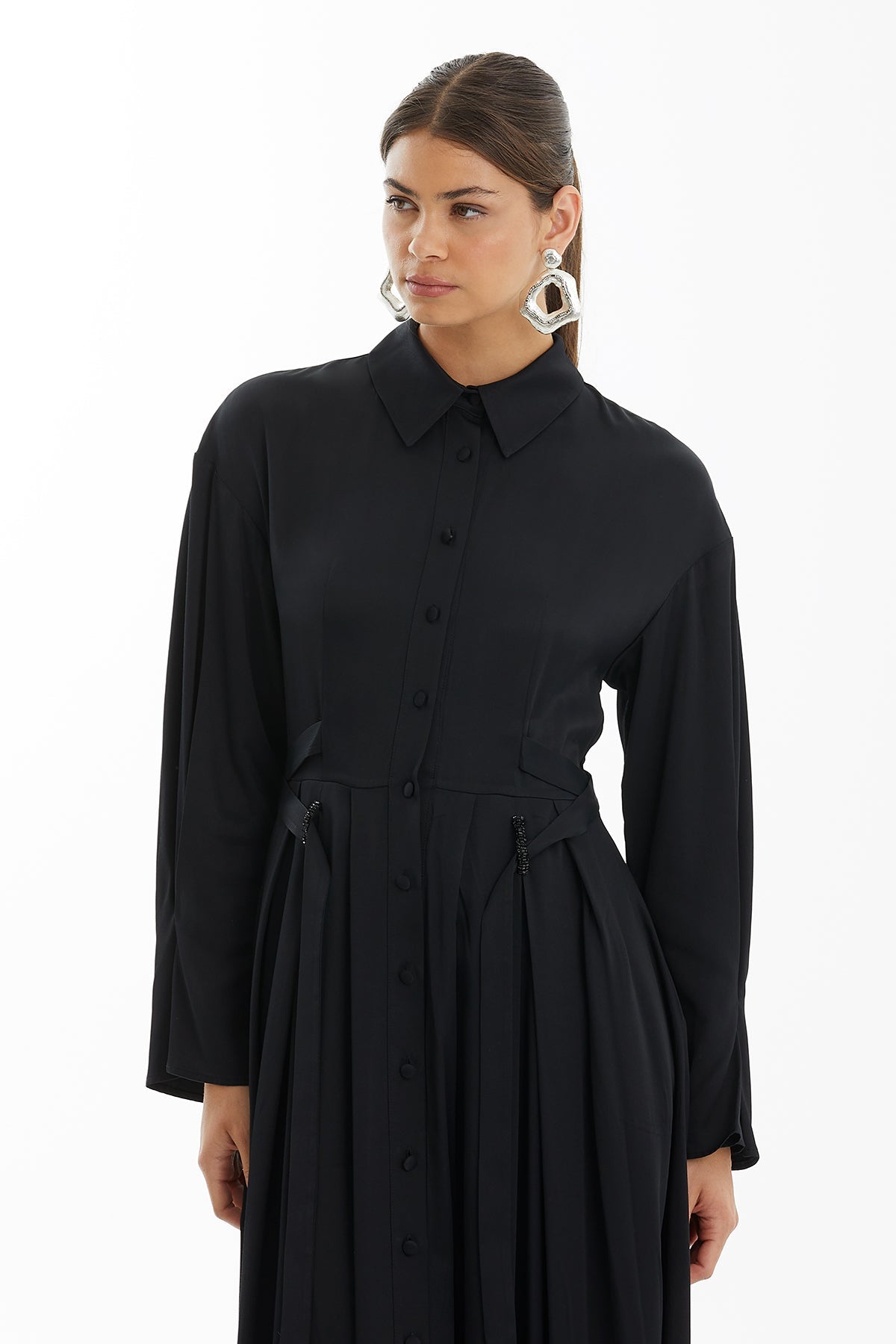 Black Flared Dress with Cross-Tie Detail