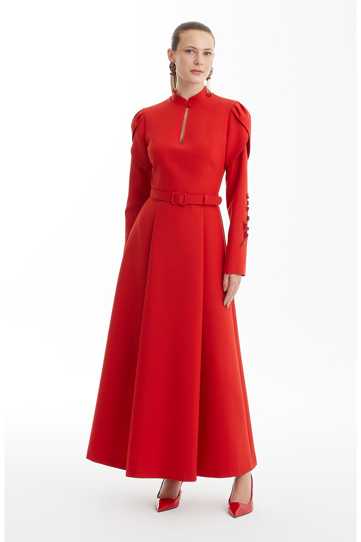 Red Dress with Embroidered Sleeve Detail