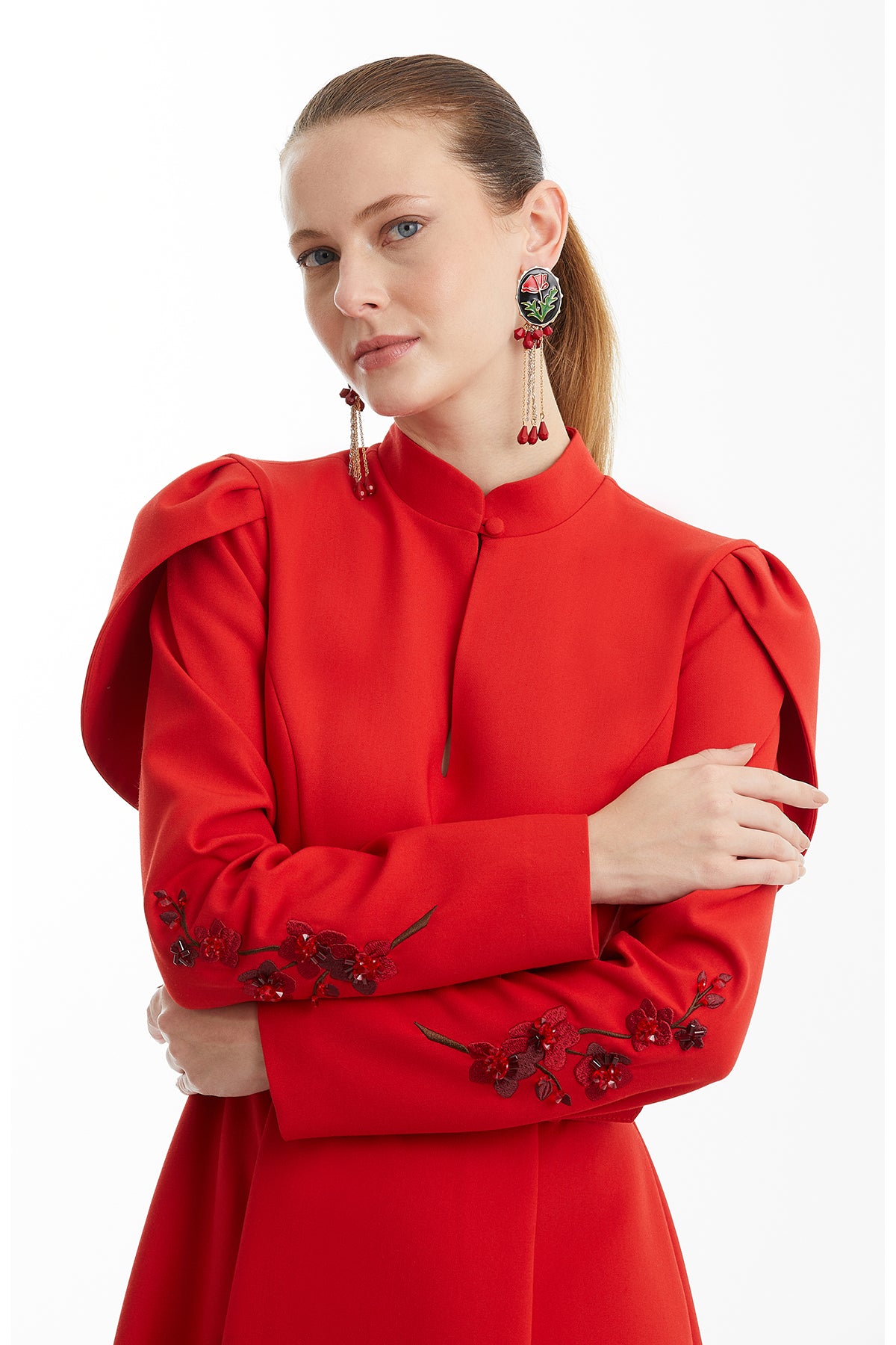 Red Dress with Embroidered Sleeve Detail